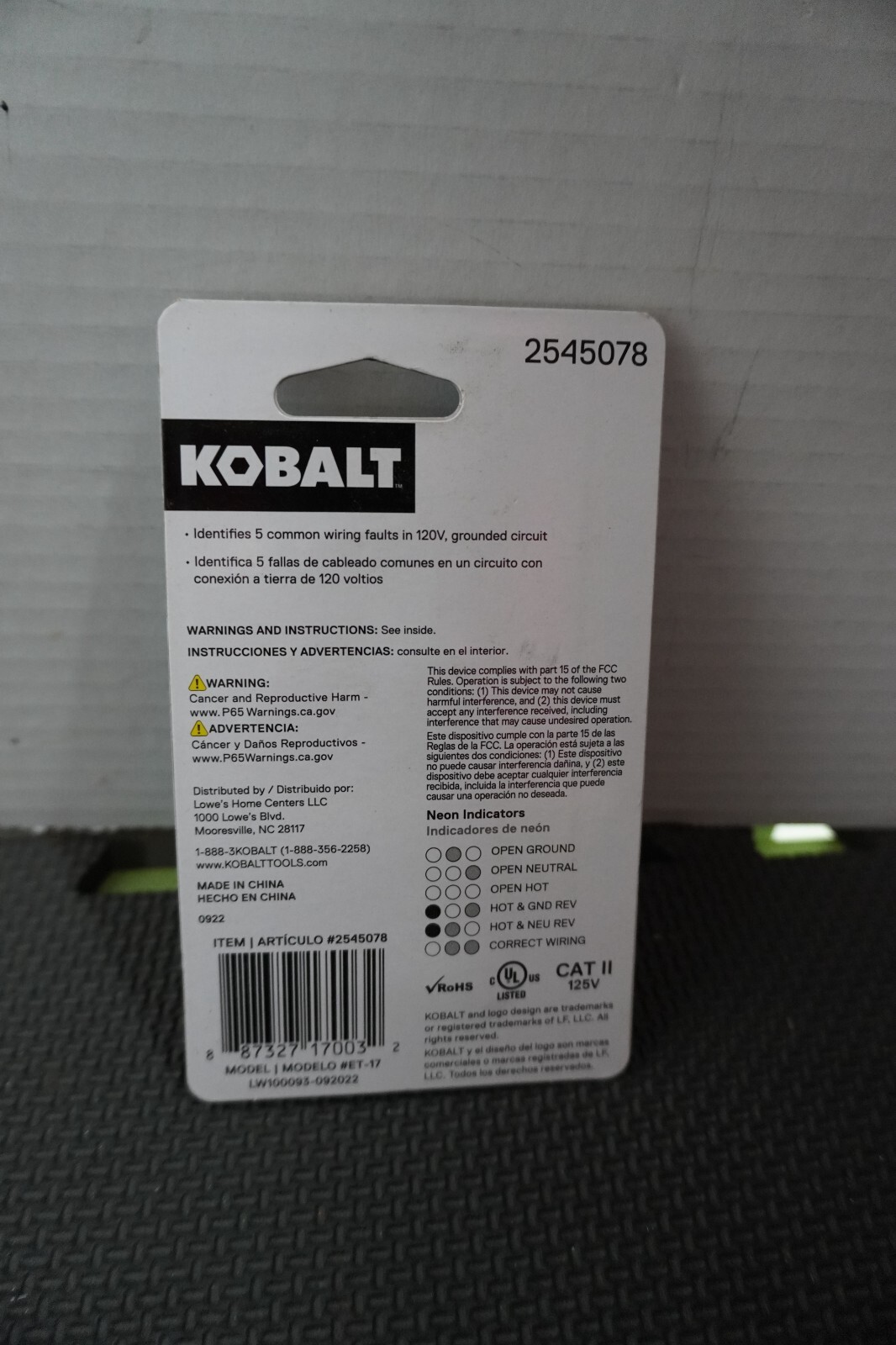 Kobalt ET-17 Receptacle Tester NOS