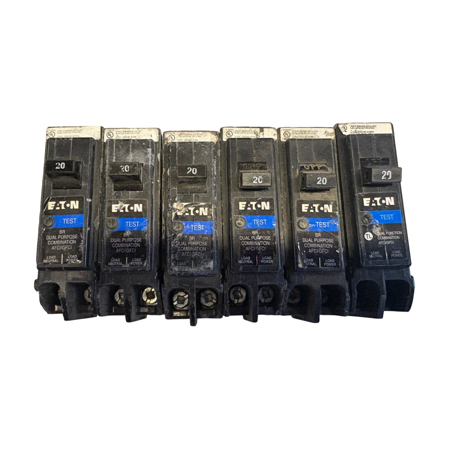 LOT OF 6 Eaton BRP120DF 20A 1-Pole 120V Dual Purpose Circuit Breaker *CHIPPED*