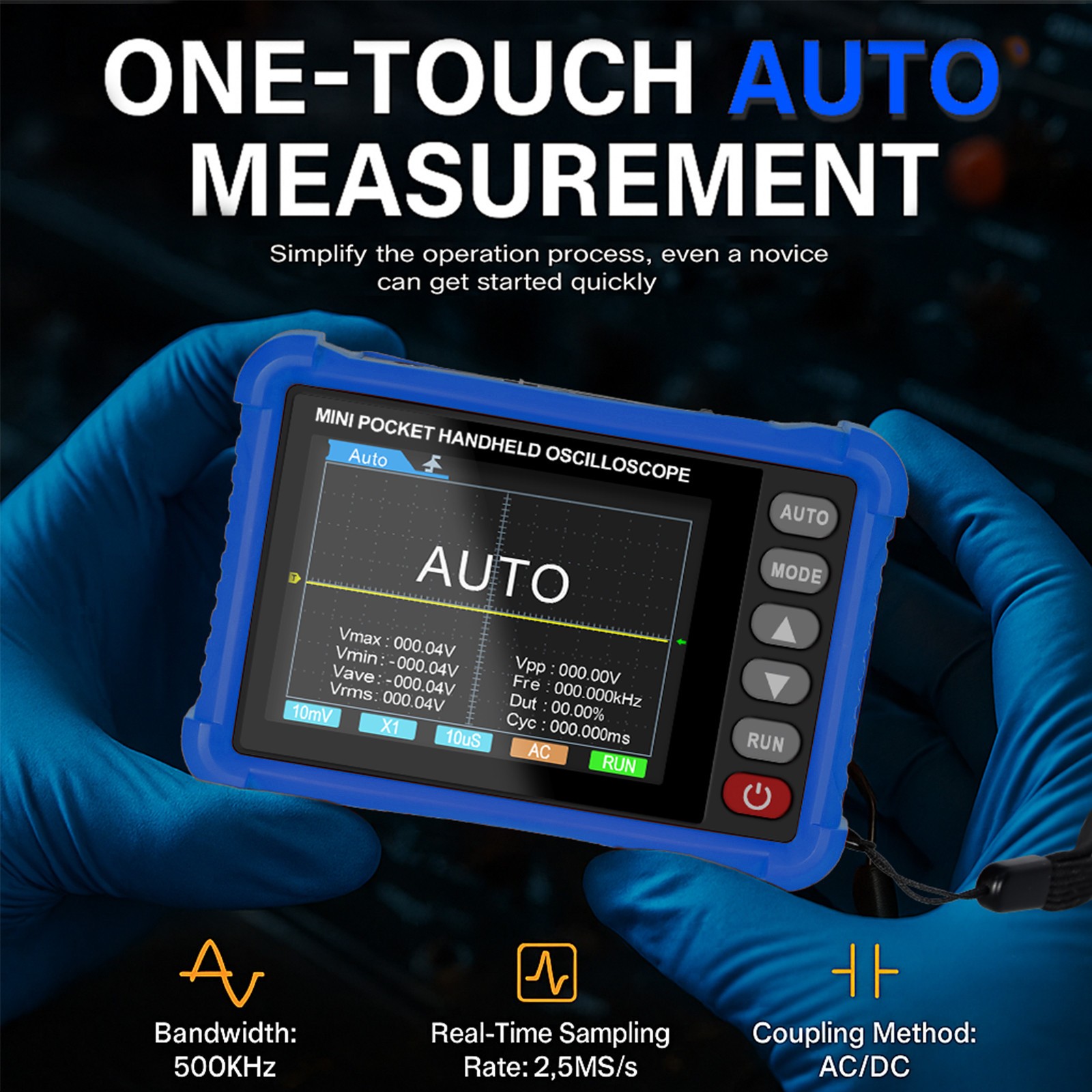 Mini Oscilloscope Handheld – 500kHz Bandwidth, AUTO Set, Perfect for Electronics