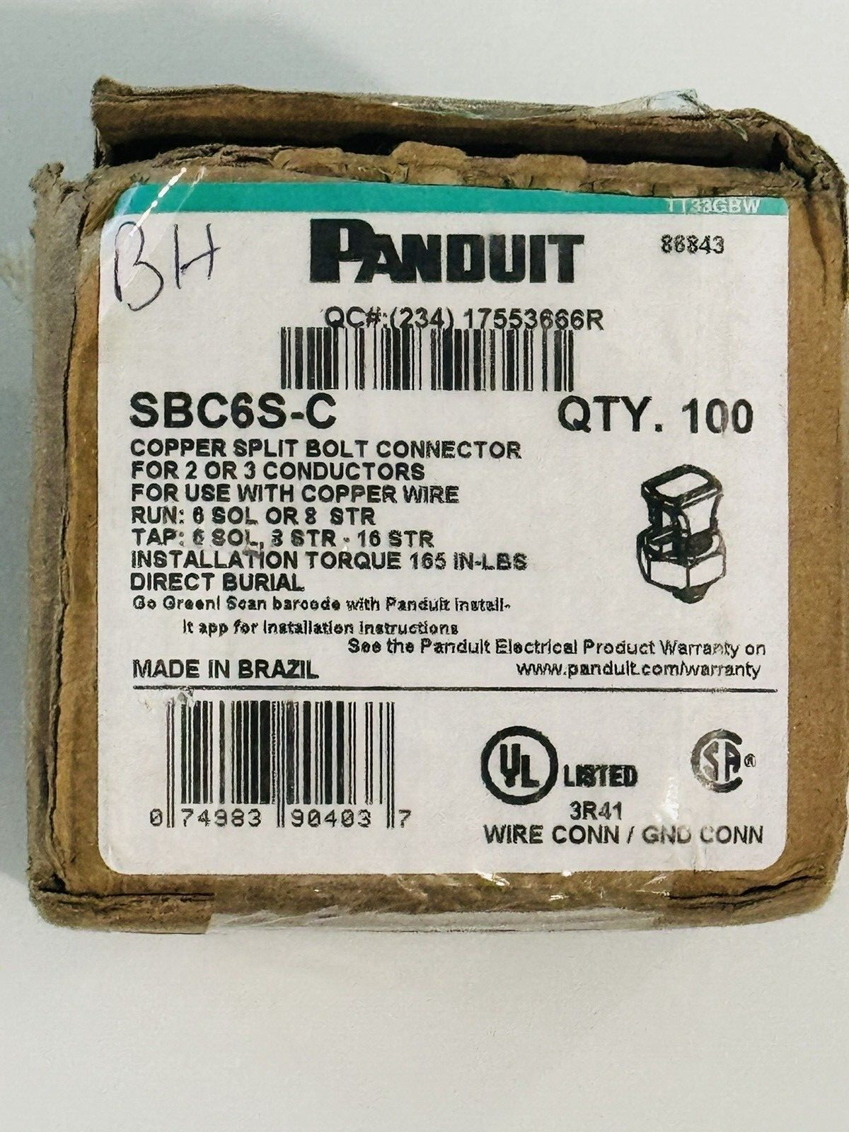PANDUIT SPLIT BOLT CONNECTOR 6 AWG SBC6S-C BOX OF 100 PCS