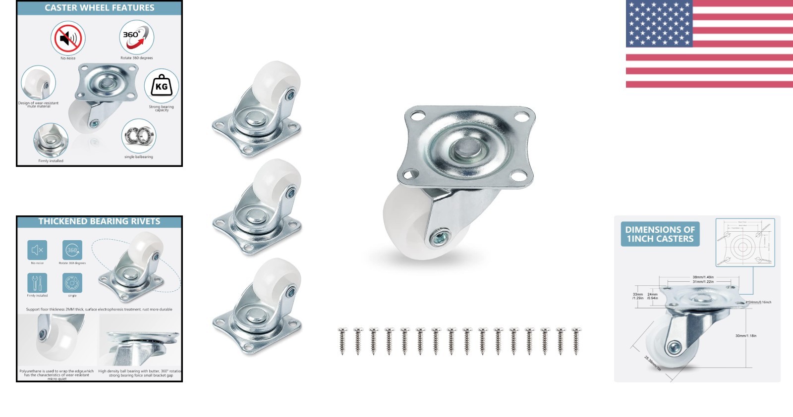 1-Inch Low Noise Swivel Caster Wheels Set of 4 – Perfect for Furniture Mobility