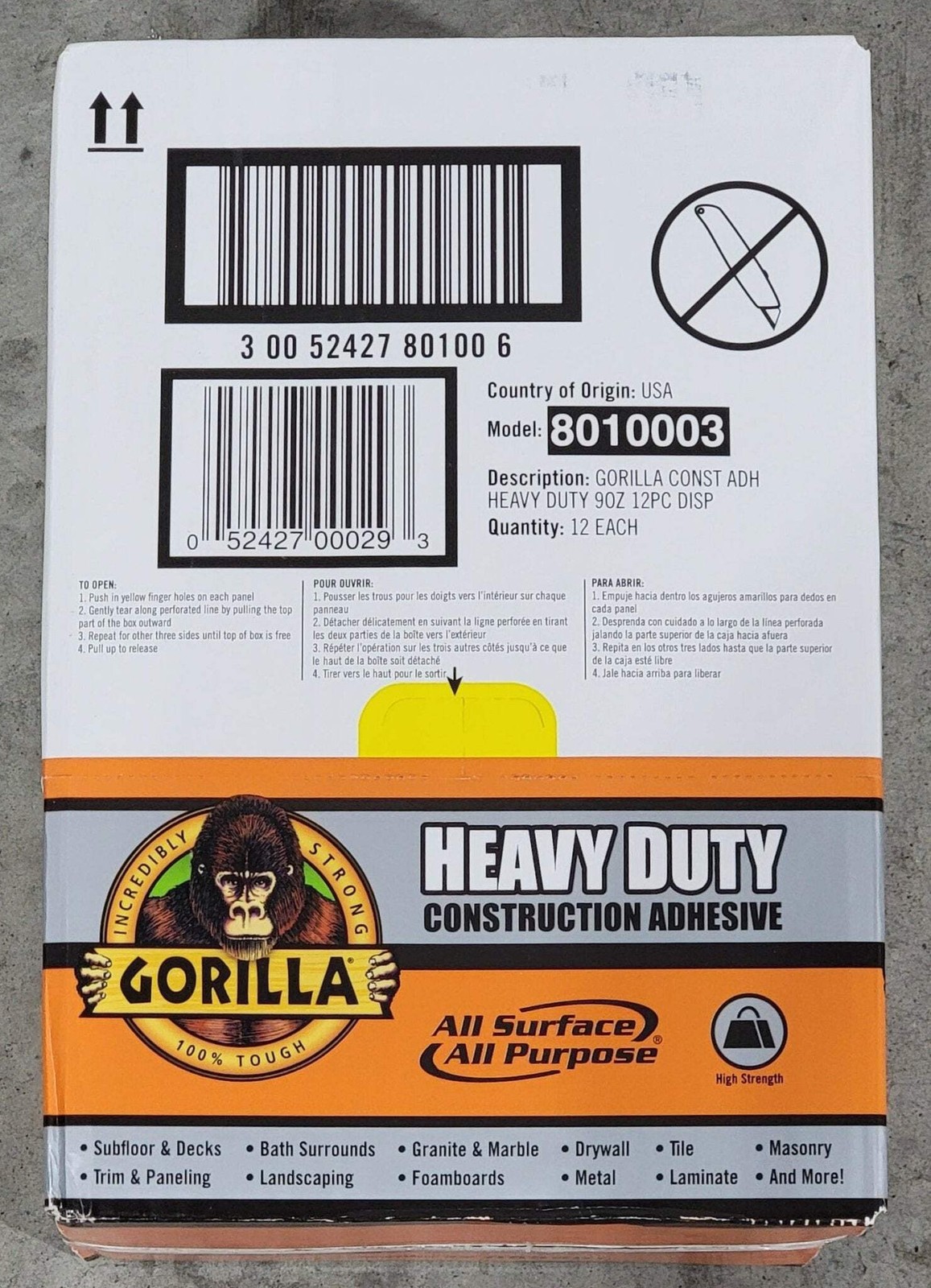 Gorilla Heavy Duty Construction Adhesive 12 Pack Case 9oz Tube Waterproof White