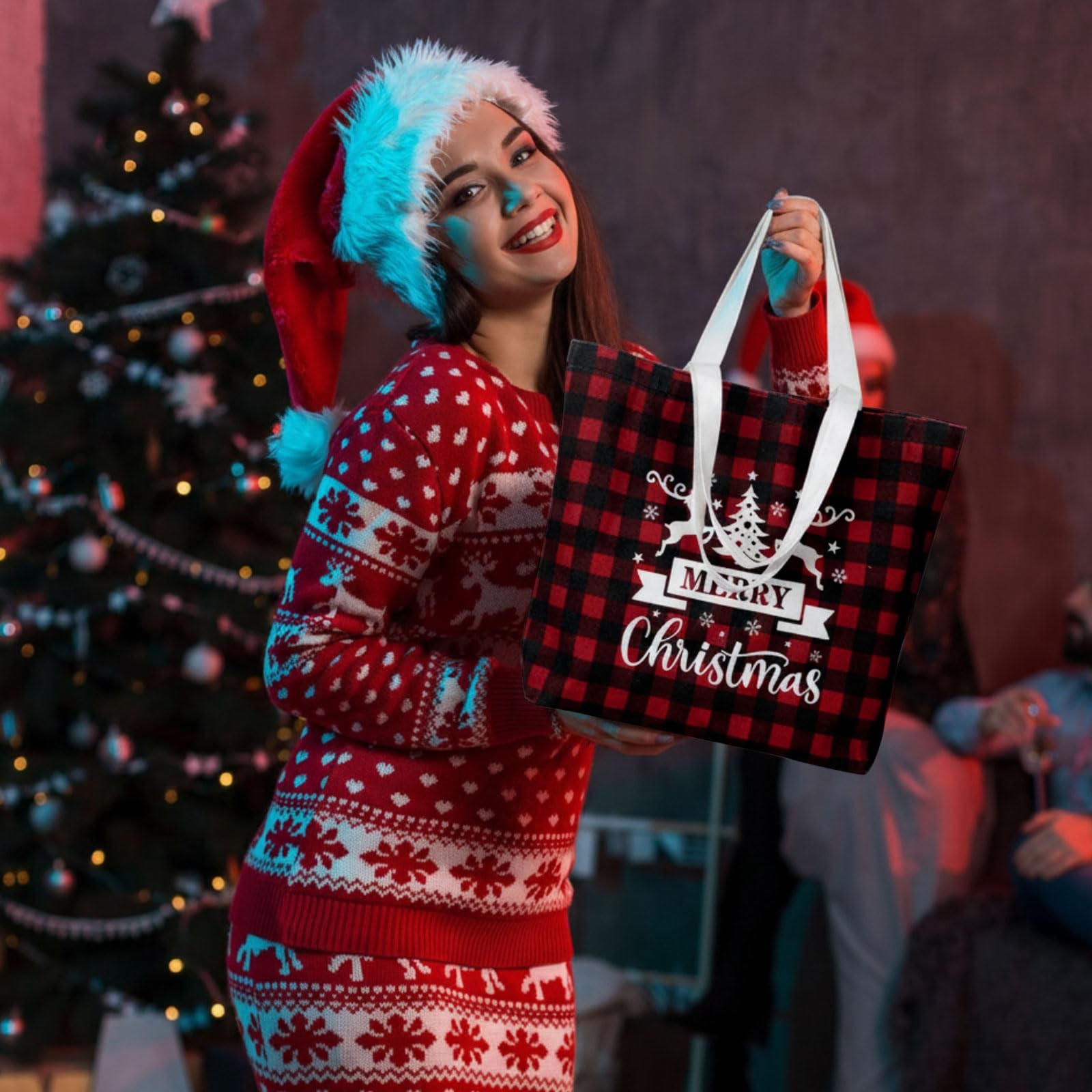 Bencailor 2 Pcs Christmas Canvas Tote Bags Classic Christmas, Red and Black