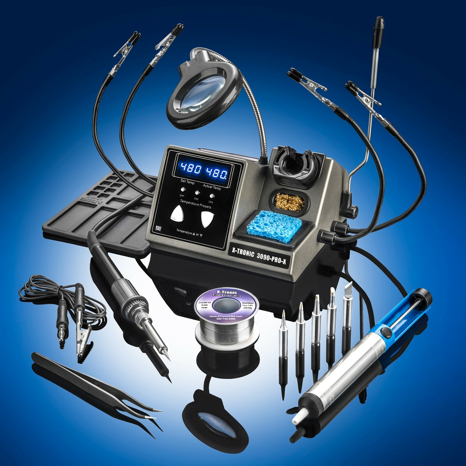 X-Tronic 3090-PRO-X 75 Watt Dual LED Soldering Iron Station Kit Plus Accessories