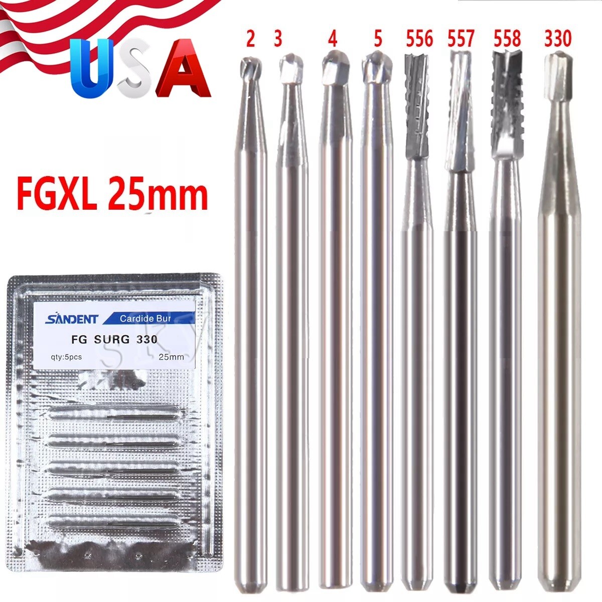 Dental Surgical Burs Round Long 4 556 557 558 330 Carbide Burr High Speed 25mm
