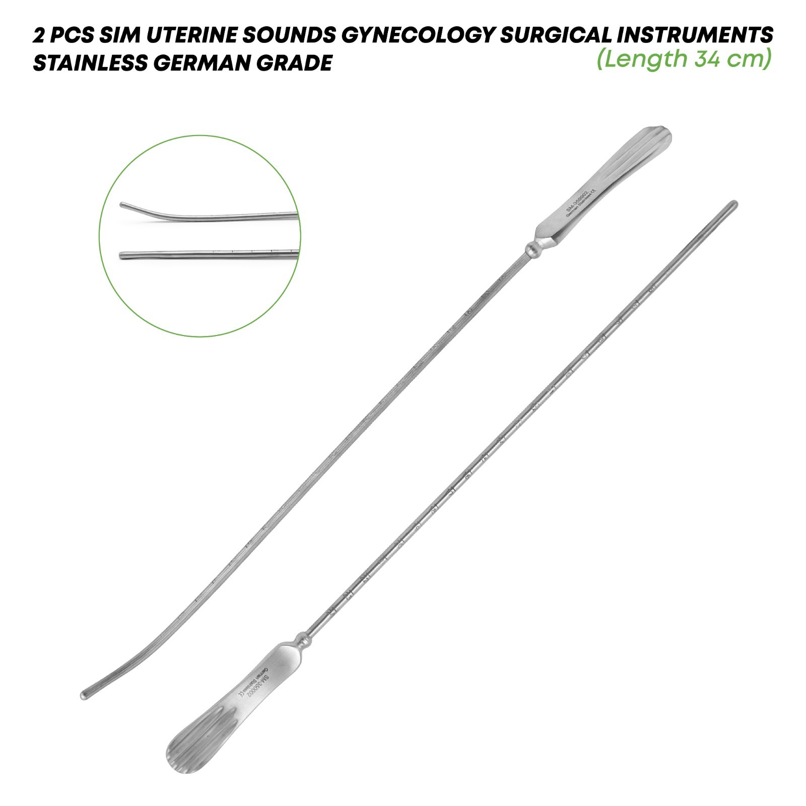 2 Pcs of Sim Uterine Sounds Straight & Curved OB/GYN Surgical Instrument German