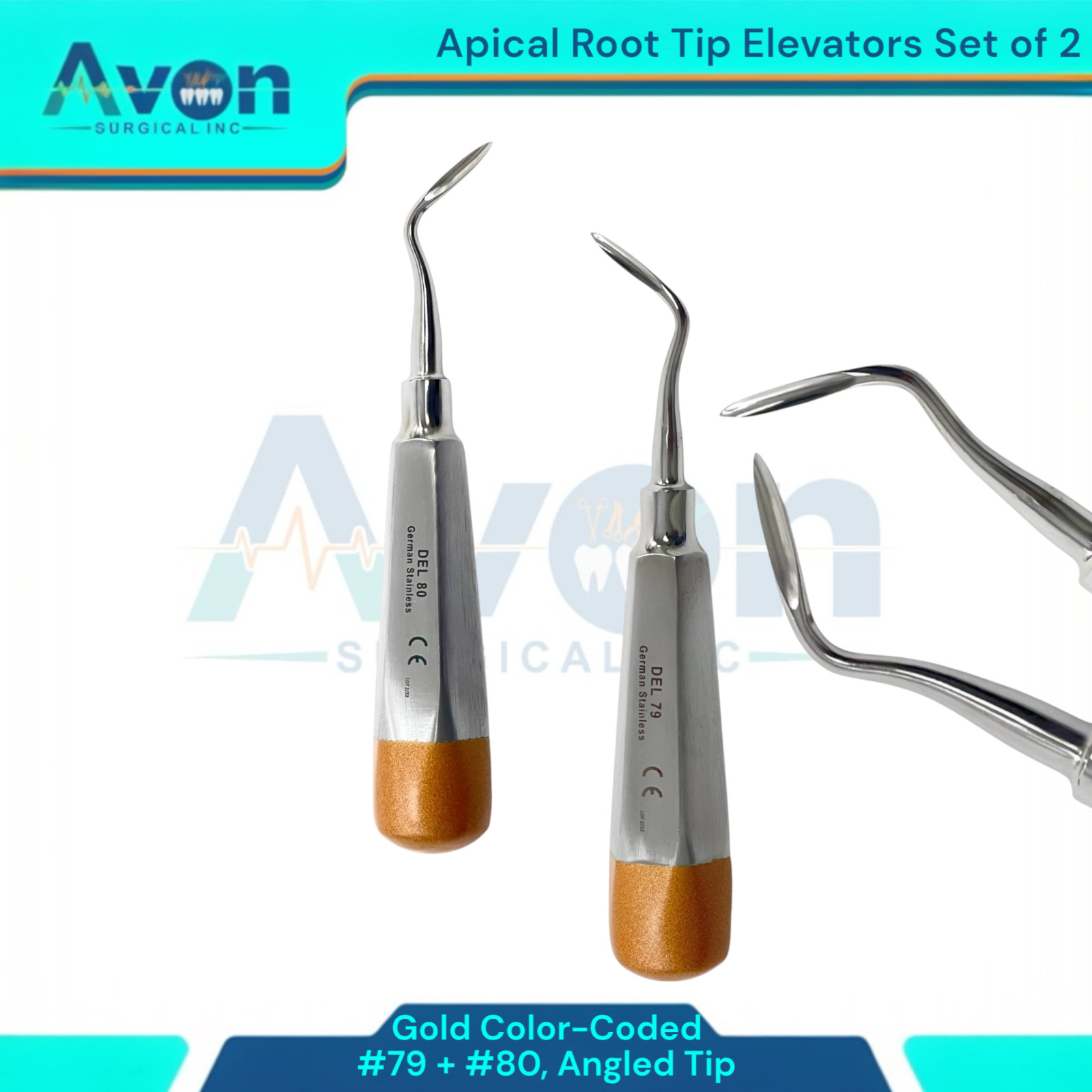 Left & Right Angled Apical Root Extraction Elevator Picks #79 + #80, Gold (2Pk)