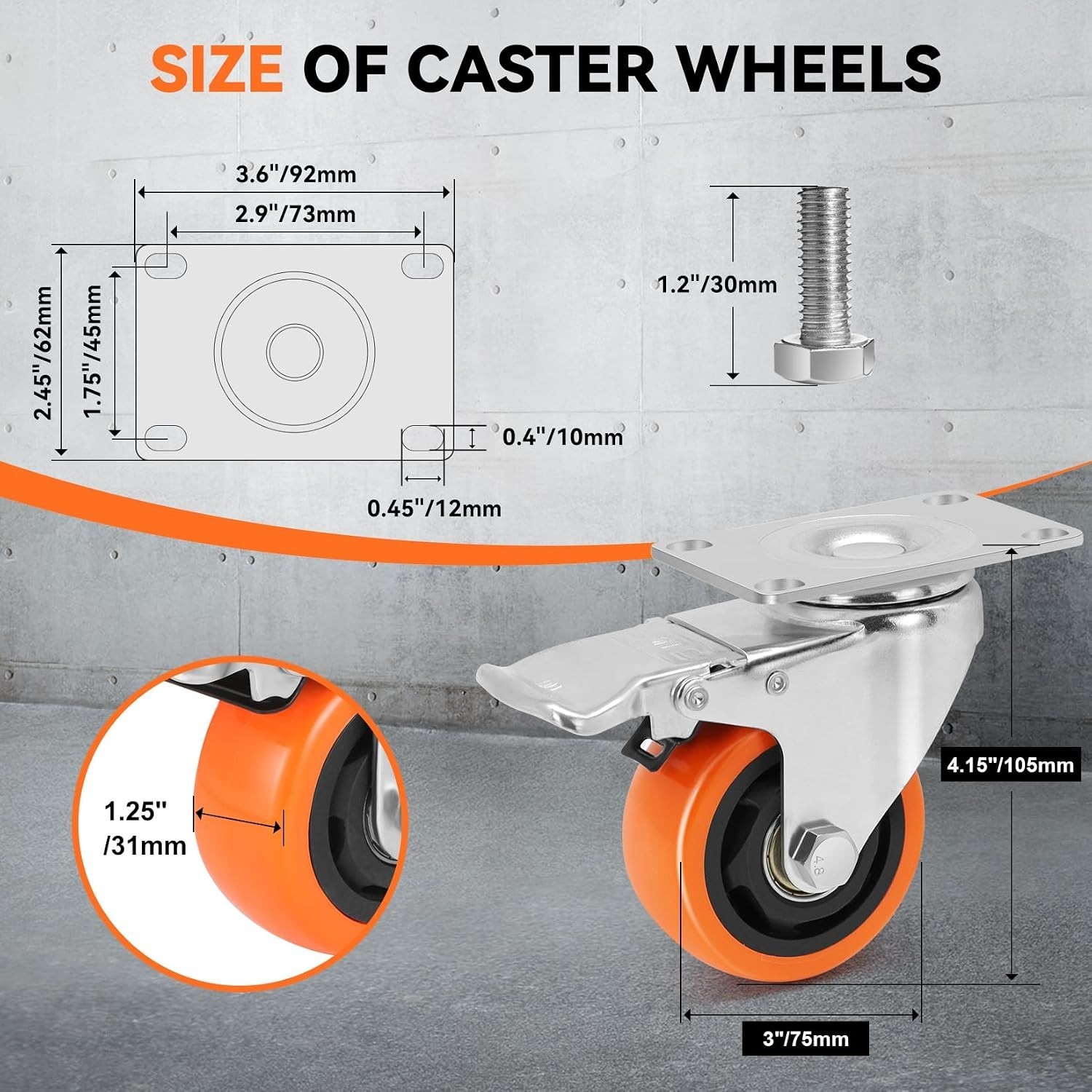 WBD WEIBIDA 3 Inch Swivel Caster Wheels With Brake Set Of 4 1000 Lb