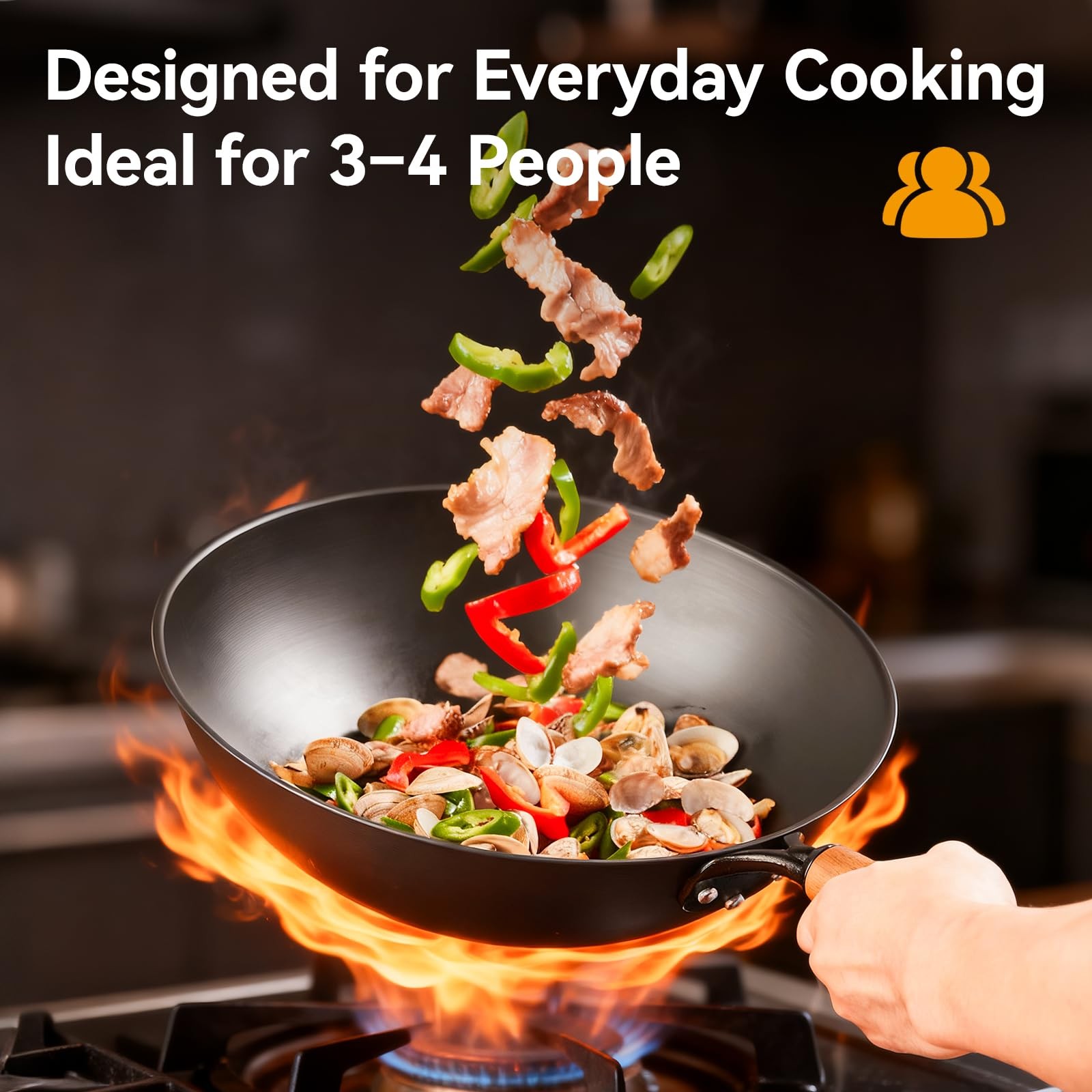 WANGYUANJI Carbon Steel Wok Pan – 12.6 Inch Flat Bottom Wok, Premium Stir Fry Pa