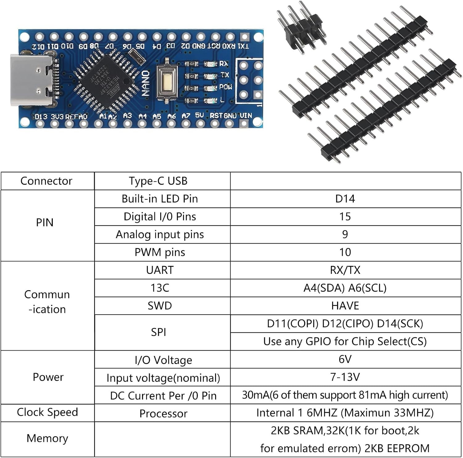 Nano V3.0 Development Boards with Type-C Connectivity – 16MHz & 32KB Memory