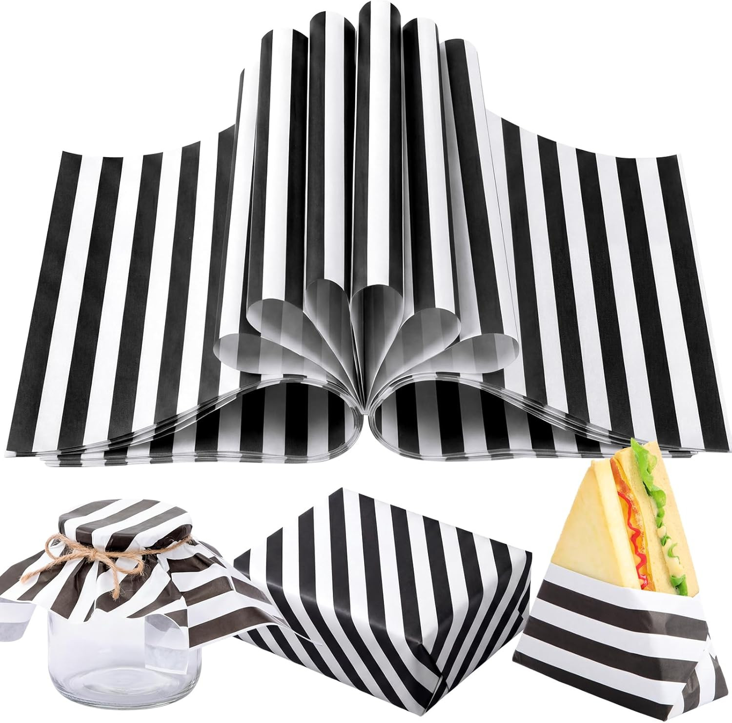 100 Sheets Black and White Striped Wax Paper for Food Wrapping 12 X 12 Inches Fo