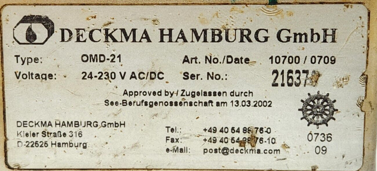 DECKMA HAMBURG OMD-21 OIL MONITORING DEVICE 10700