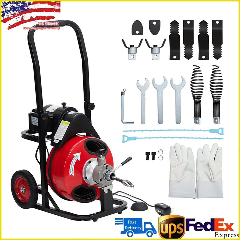 Drain Cleaner Machine Electric Drain Auger 75 FT x 1/2 In Auto Feed 370W Motor