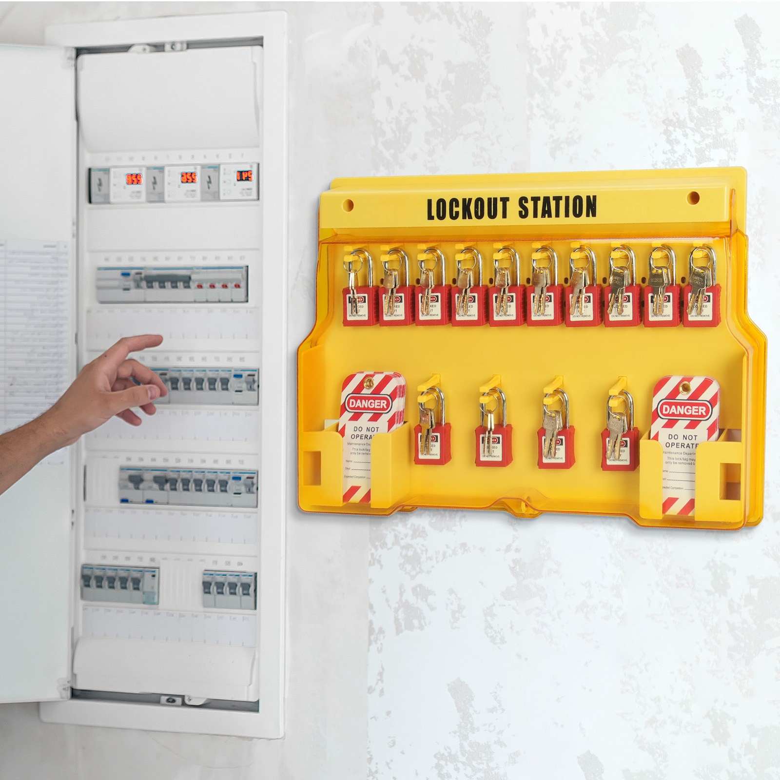 Uimoso 60PCS Electrical Lockout Tagout Kit Safety Padlocks Hasps Tags Ties Board