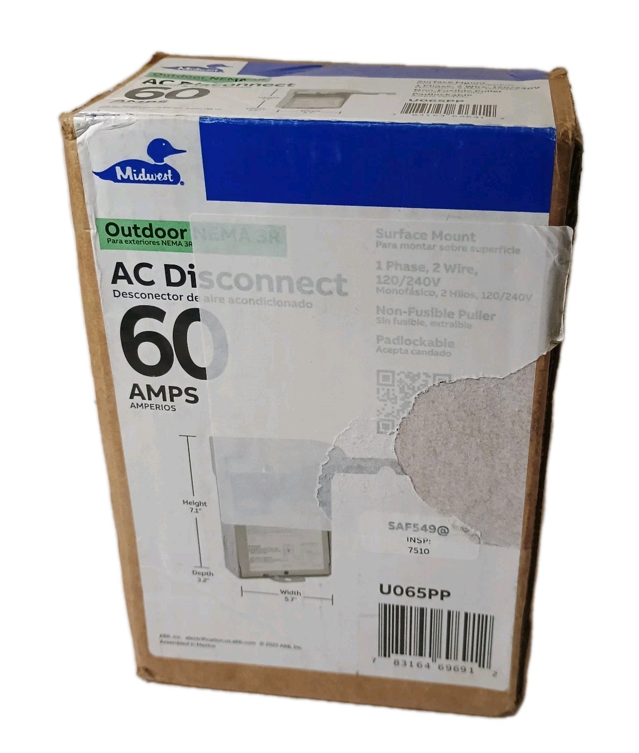 Midwest U065PP 60A 240V 1 Phase NEMA 3R Non-Fuse AC Disconnect (Incomplete Box)