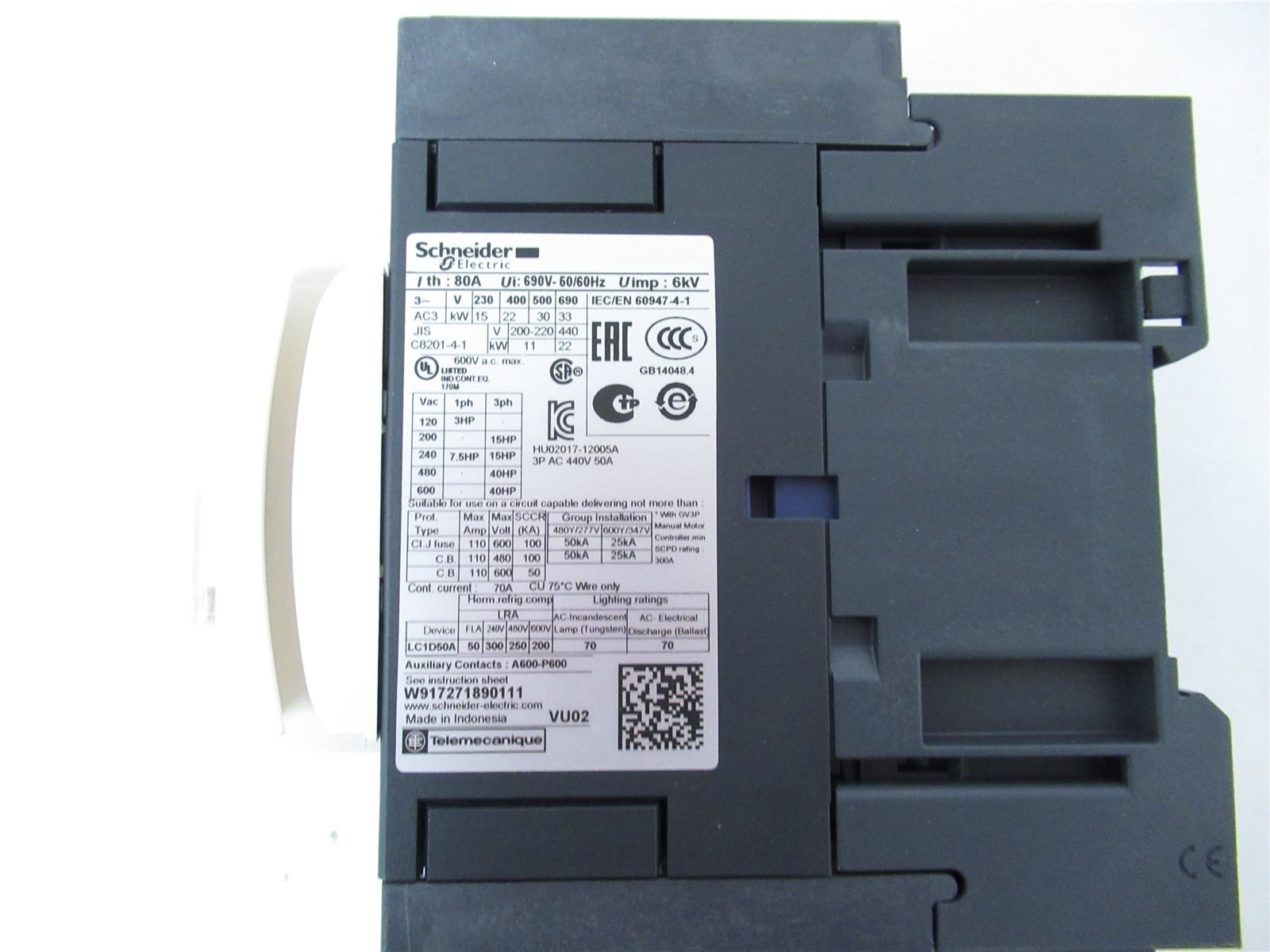 241244 New-No Box; Schneider LC1D50AG7 Contactor50A 440V 3P Coil 120VAC DINrail
