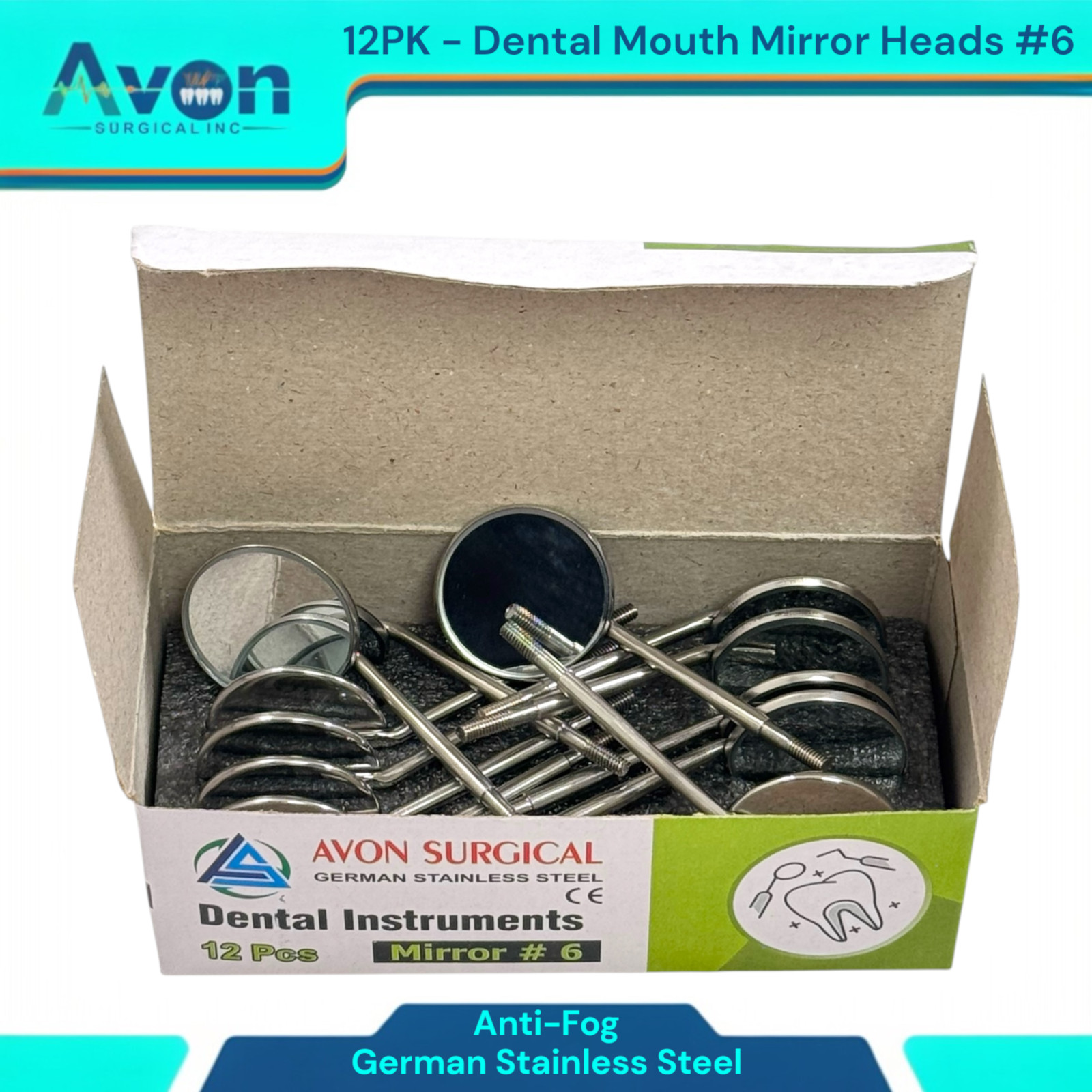 #6 Mouth Mirror Heads for Oral Examinations, Cone Socket, Anti-Fog – Pack of 12