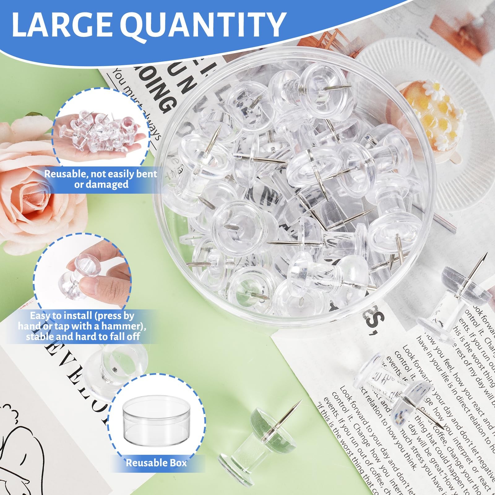 DANRONG 30 PCS Jumbo Push Pins for Bulletin Board, Large 1.81 inches, Clear