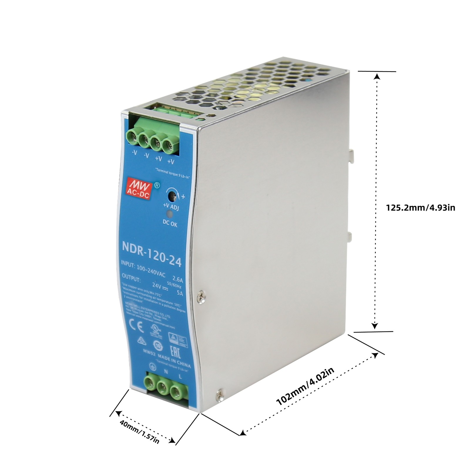 NDR-120-24 DIN Rail Mount AC-DC Switching Power Supply 24V 5A 120W US stock