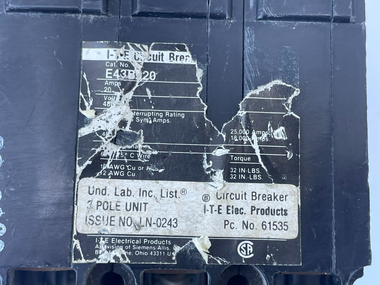 I-T-E Circuit Breaker 20 Amps 3 Pole 480 VAC E43B020