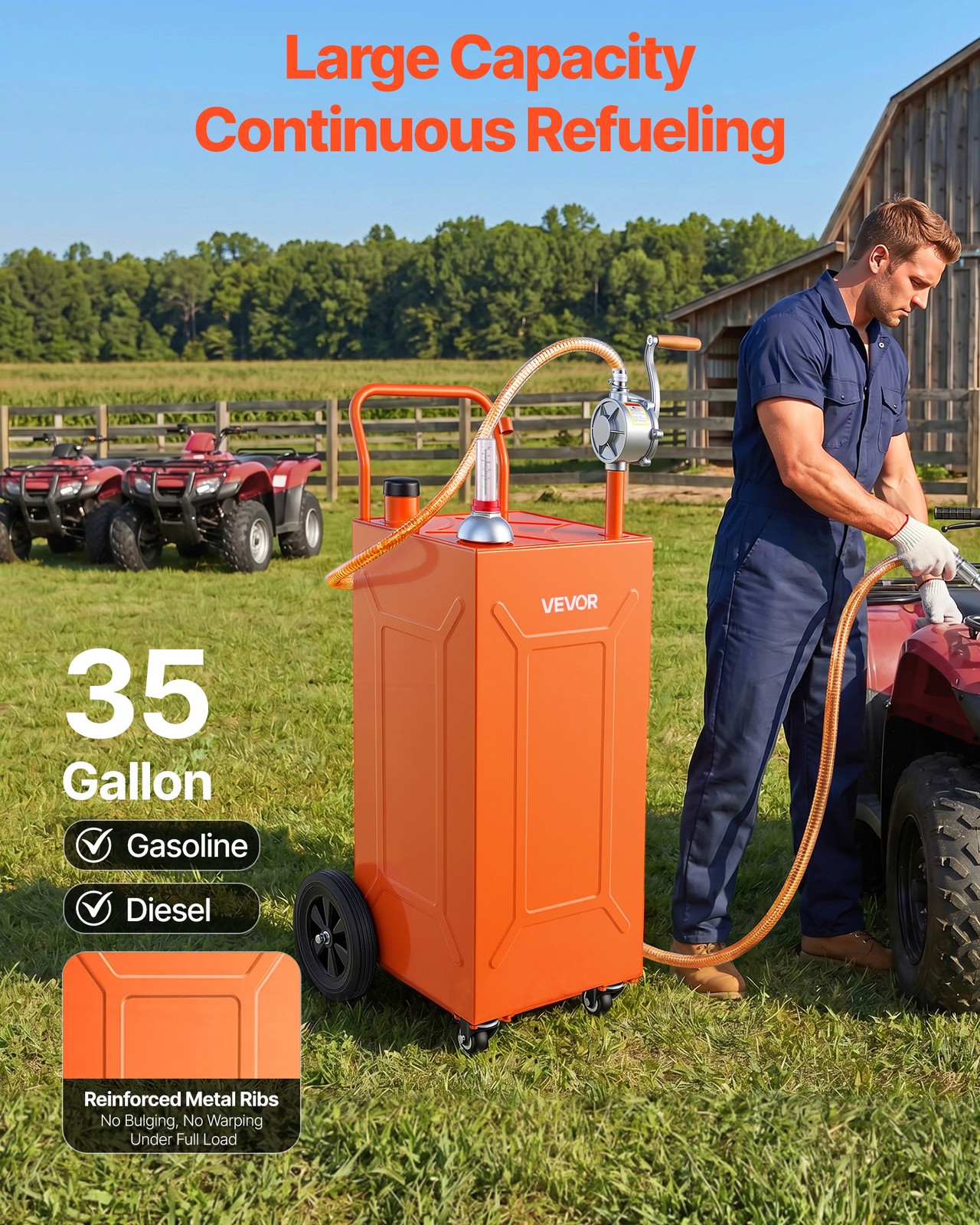 VEVOR 35 Gal Fuel Gas Caddy Portable Storage Tank Manual Pump 4 Wheels Orange