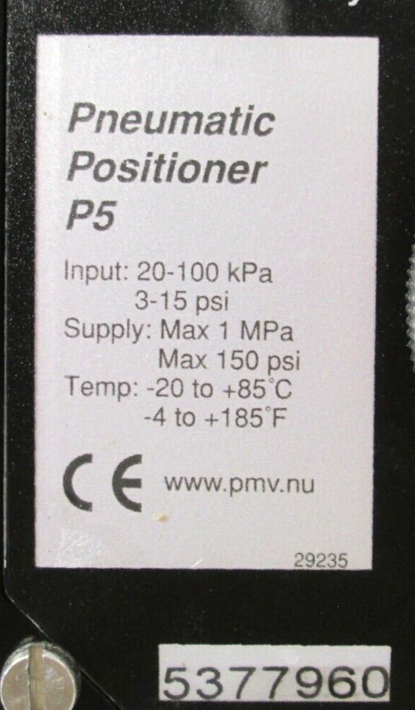 PMV VALVE CONTROL SYSTEMS, DOUBLE ACTING, PNEUMATIC POSITIONER P5, SURPLUS