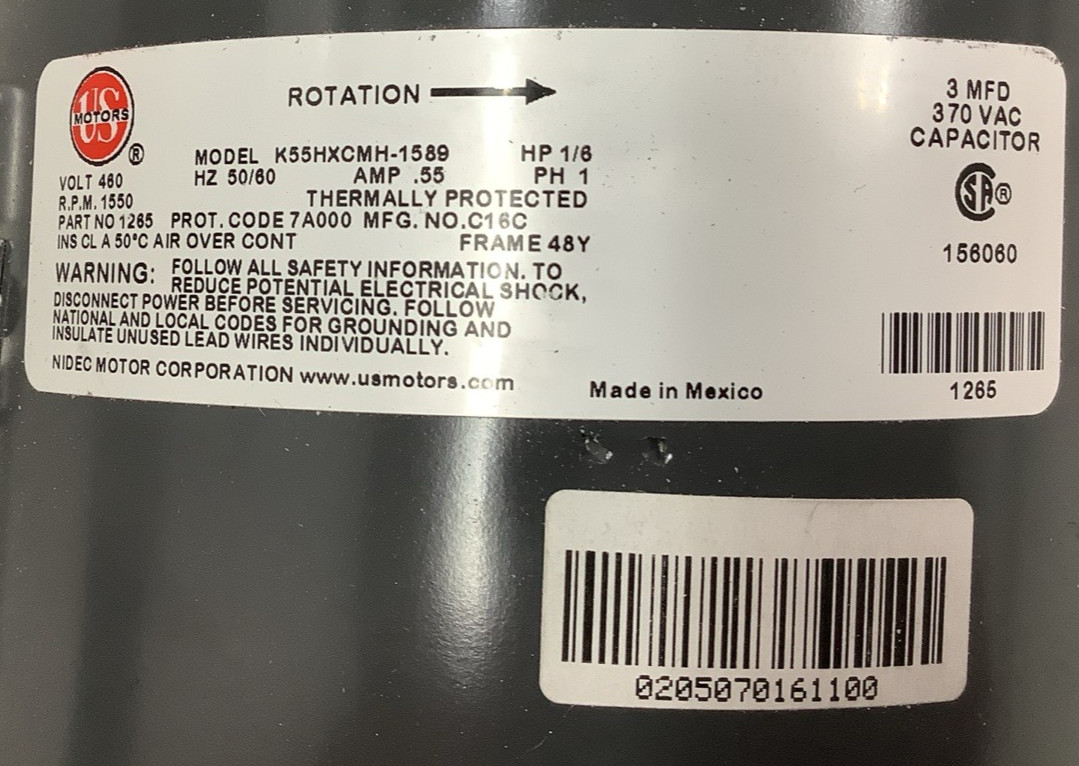 U.S. Motors K55HXCMH-1589 1265 1/6HP 1550RPM 460V Condenser Fan Motor (R62)