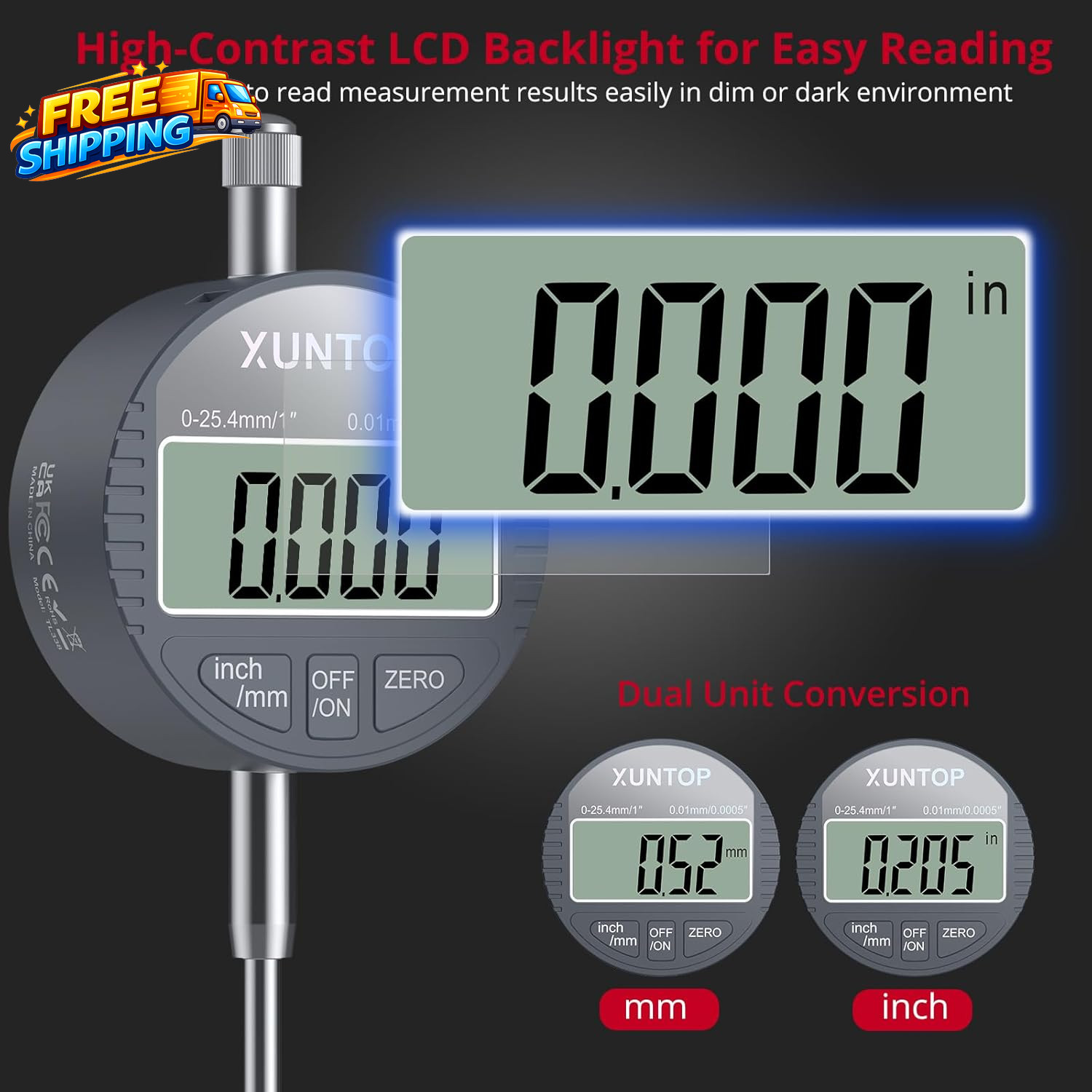 Digital Dial Indicator 1Inch/0.0005Inch LCD Display Electronic Dial Test