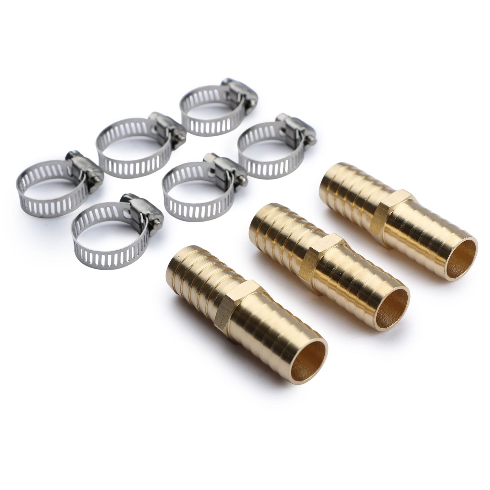 U.S. Solid 5/8″ Brass Hose Barbed Splicer Round Equal Hose Joint W/ Clamps, 3pcs