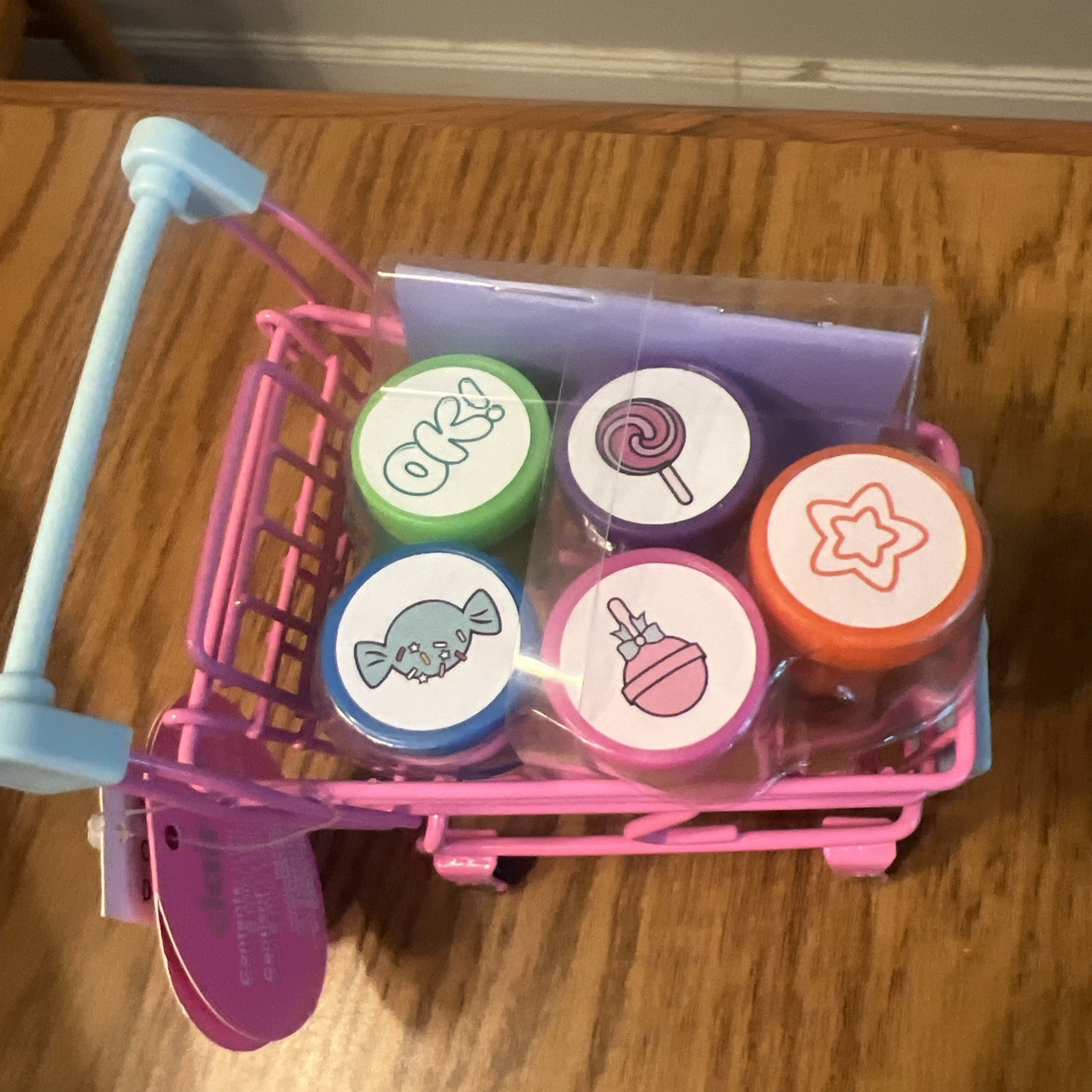 New Mini pink Shopping Cart for Desk Top Teacher Office 4.72” Stamps mini book