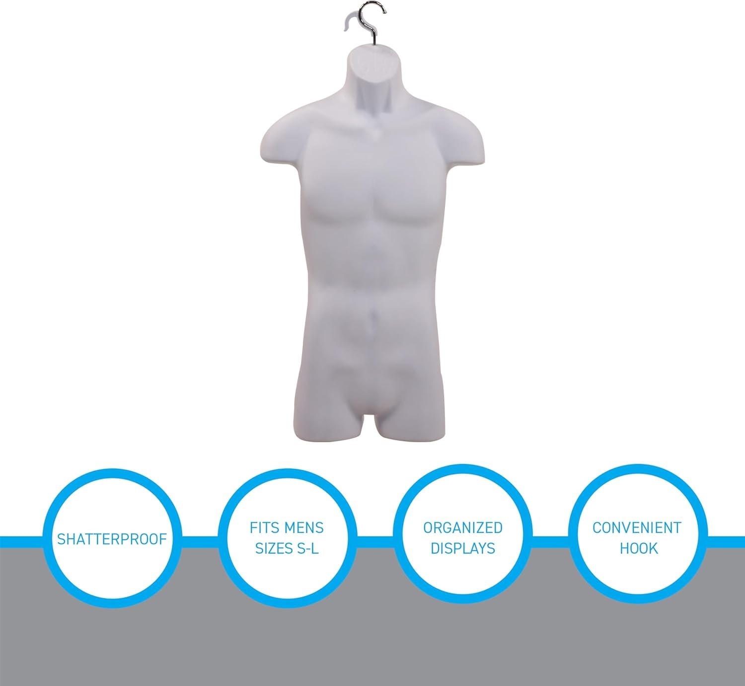 Male Molded Shatterproof White Shapely Torso Form W/ Hook Fits Men’s Sizes