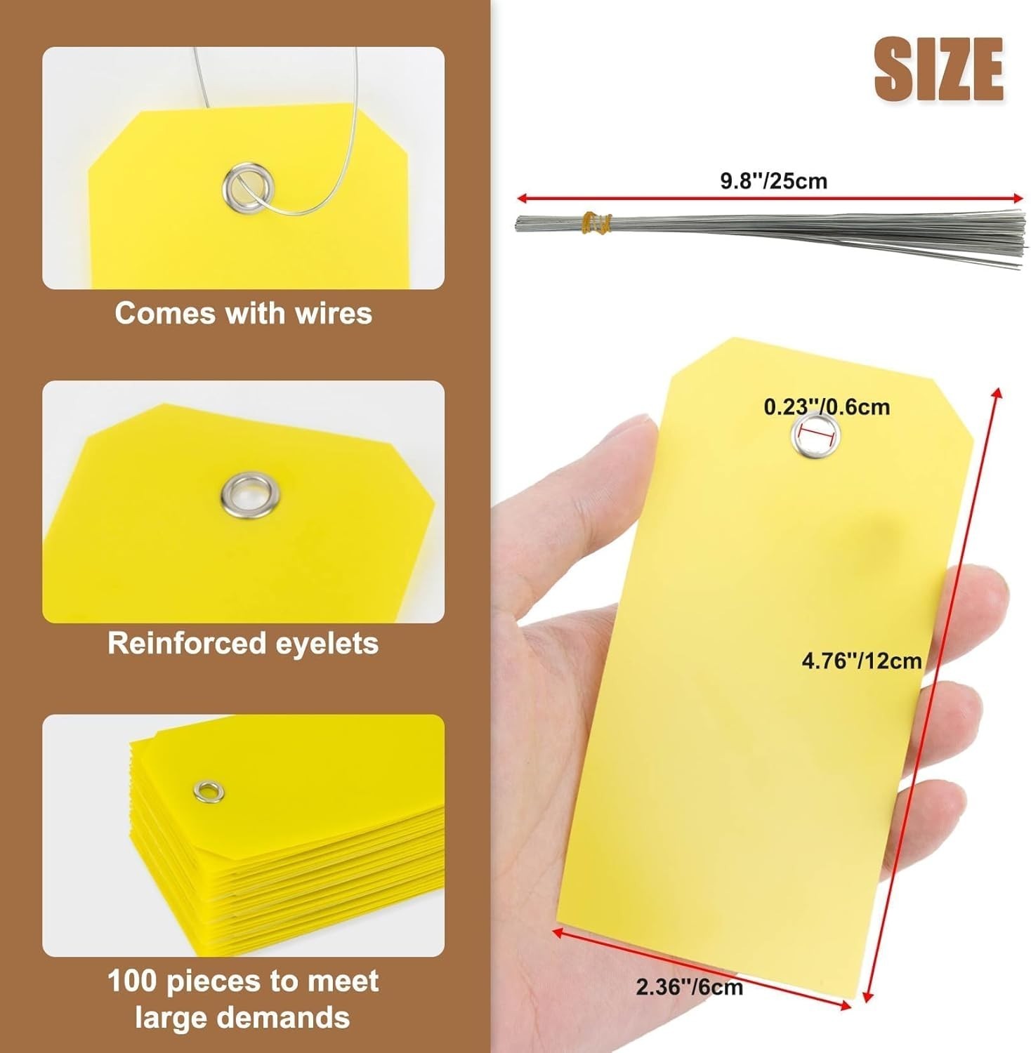 Plastic Shipping Tags With Wires Waterproof Write On Labels Yellow 4.75″ 100 PCS