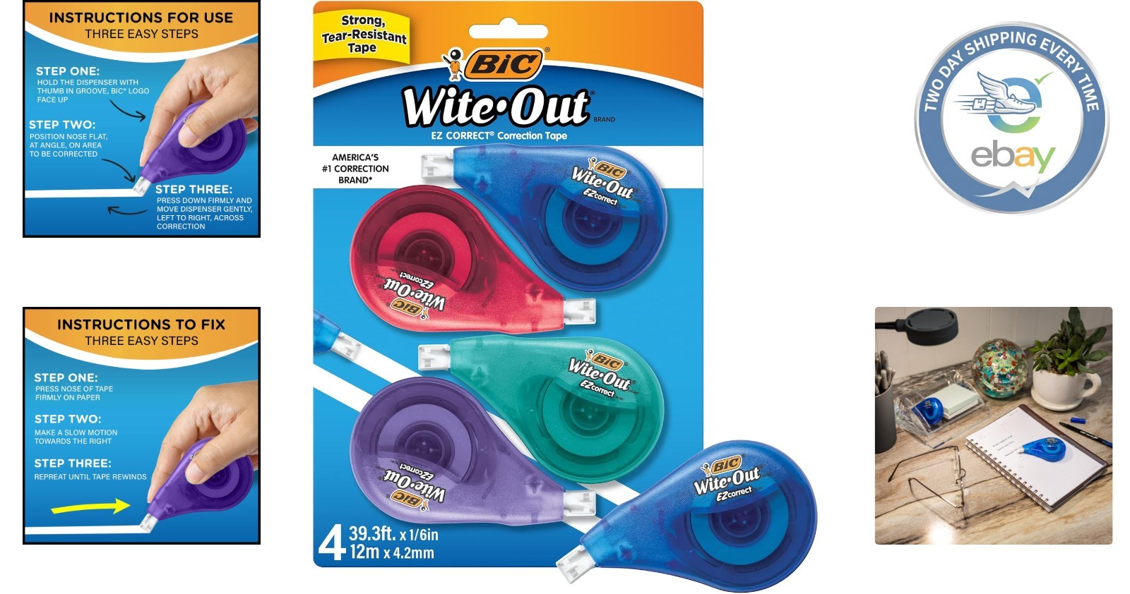 BIC EZ Correct Correction Tape 4-Count | 19.8 Feet of Tear-Resistant Precision