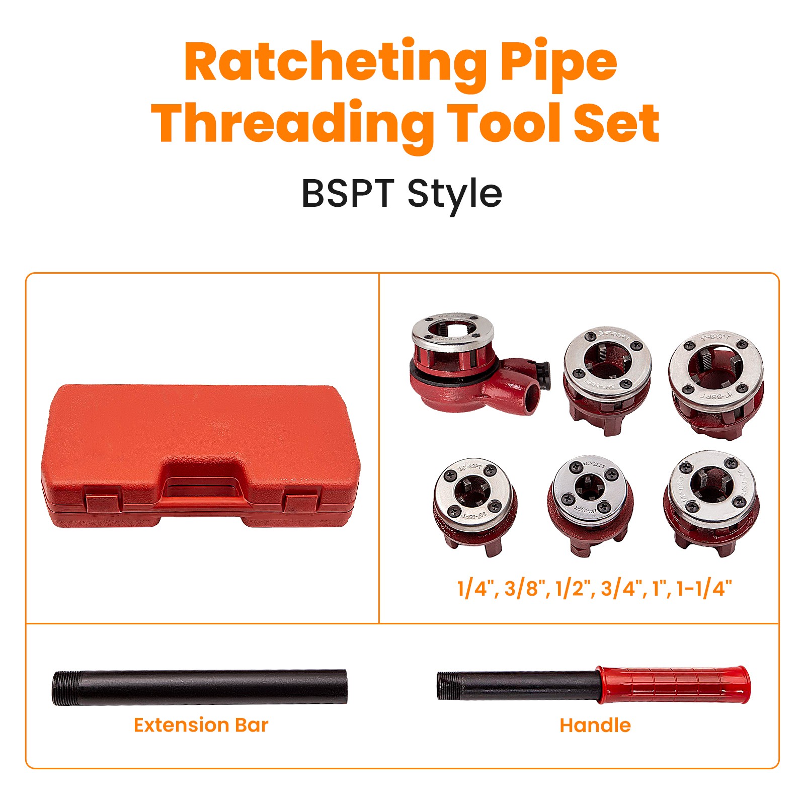 Ratchet Pipe Threader Kit Die Bar Head Handle Tool Set 1/4” 3/4” w/ 6 Dies