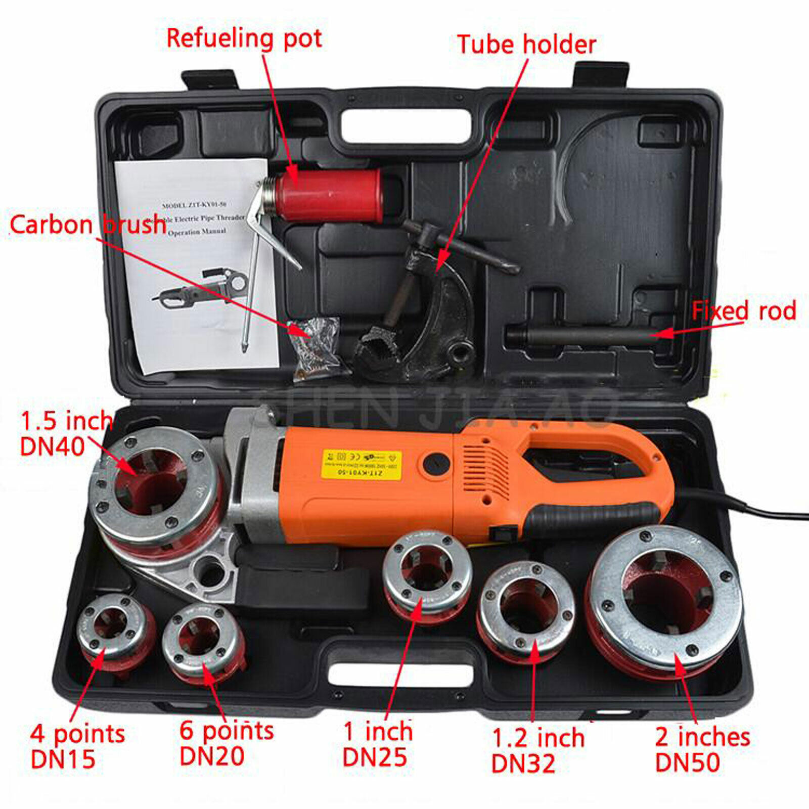 Portable Electric Pipe Threading Machine with Clamp & 6 Interchangeable Dies