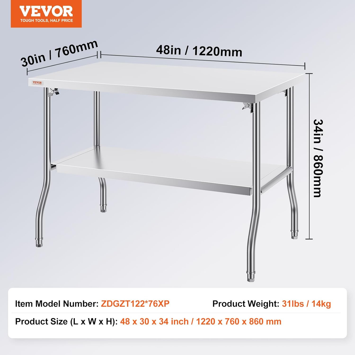 Stainless Steel Foldable Work Table, 30 * 48 Inch Heavy Duty Food Outdoor Double