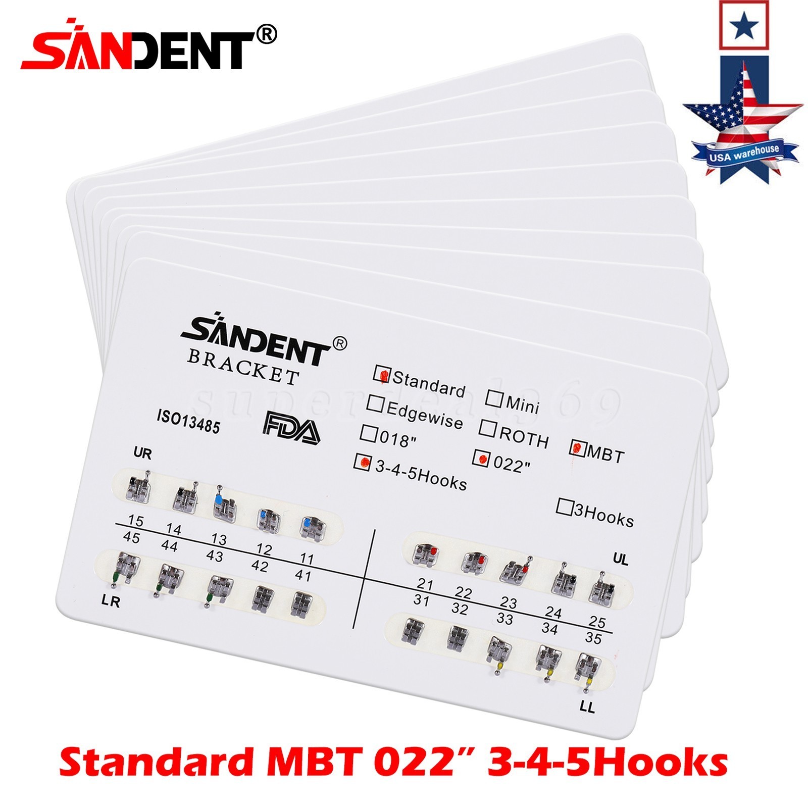10 kits Dental Orthodontic Braces Brackets Standard MBT 022″Slot 345 Hooks YBB