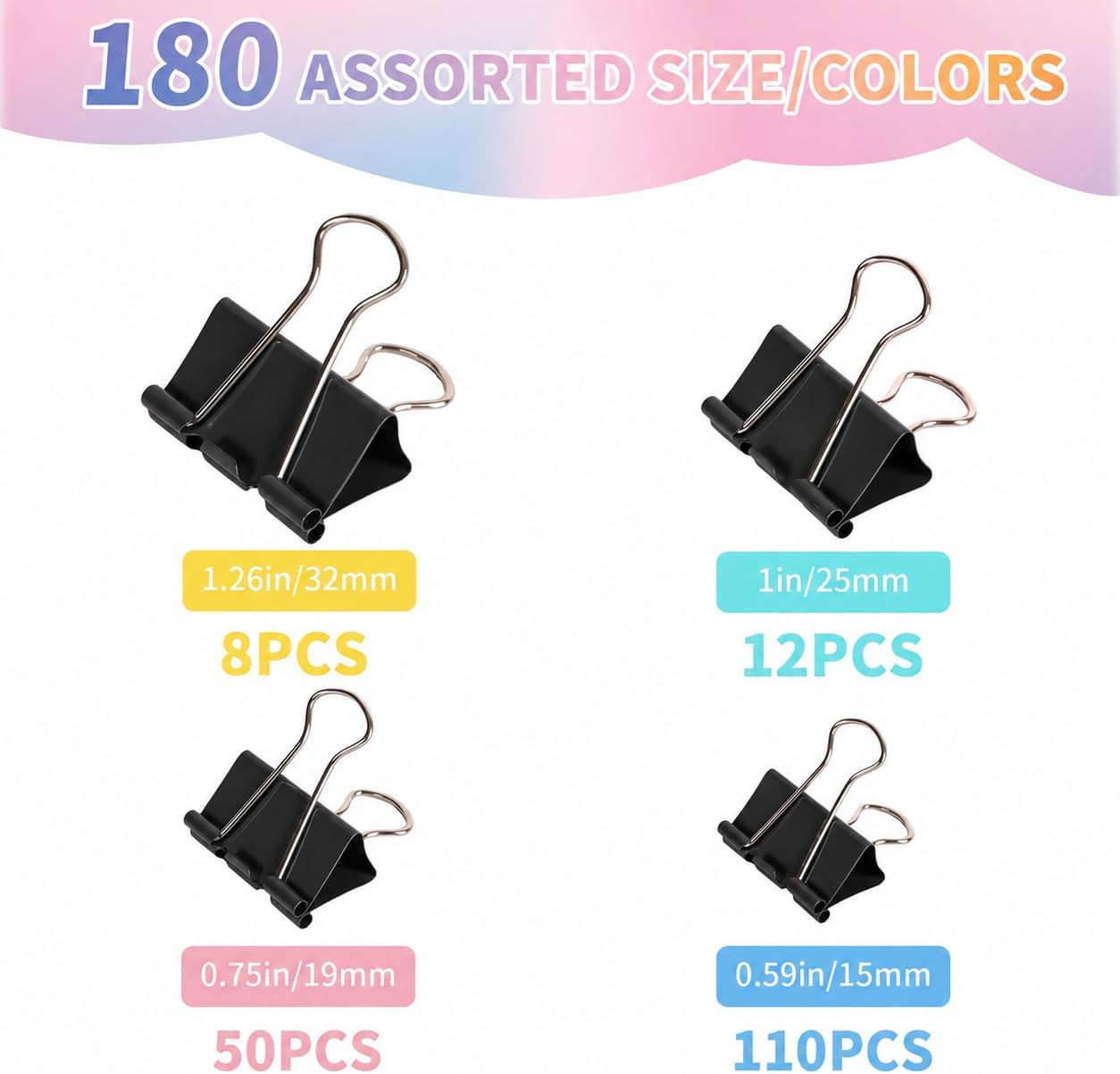 180Pcs Colorful Binder Clips Assorted Size, Metal Paper Clips for Daily Use | Cl