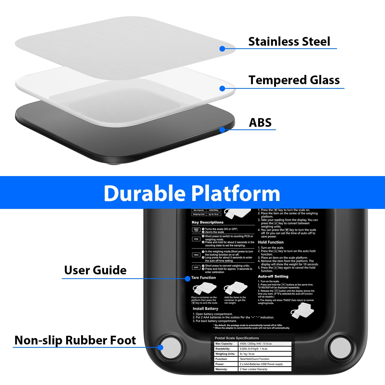 Shipping Scale 440Lb/0.35Oz Accuracy,Digital Postal Scale for Packages with Pcs/