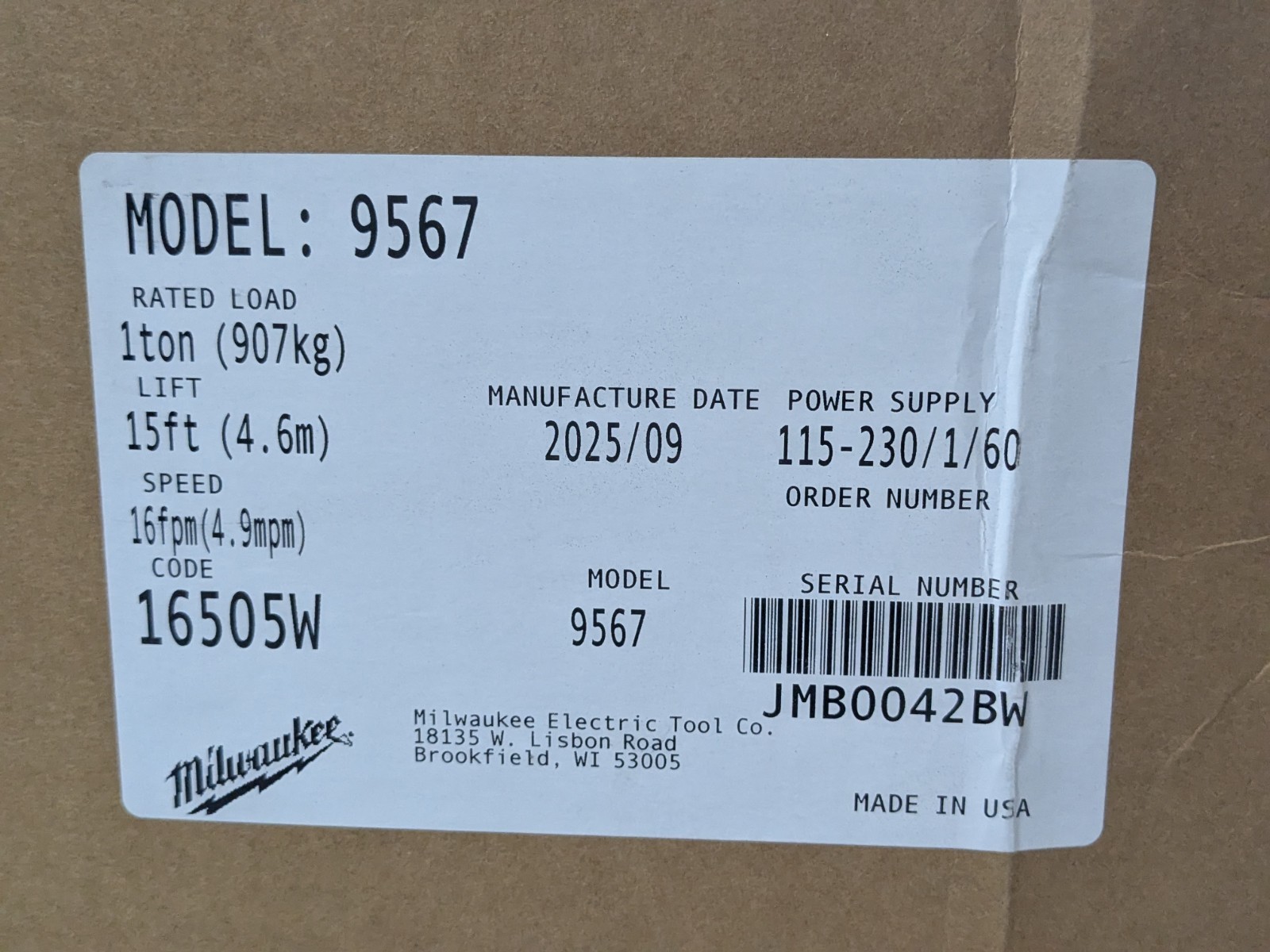 Milwaukee Electric Chain Hoist 1 Ton Capacity 15 Ft. Lift 1 HP 115/230v 9567