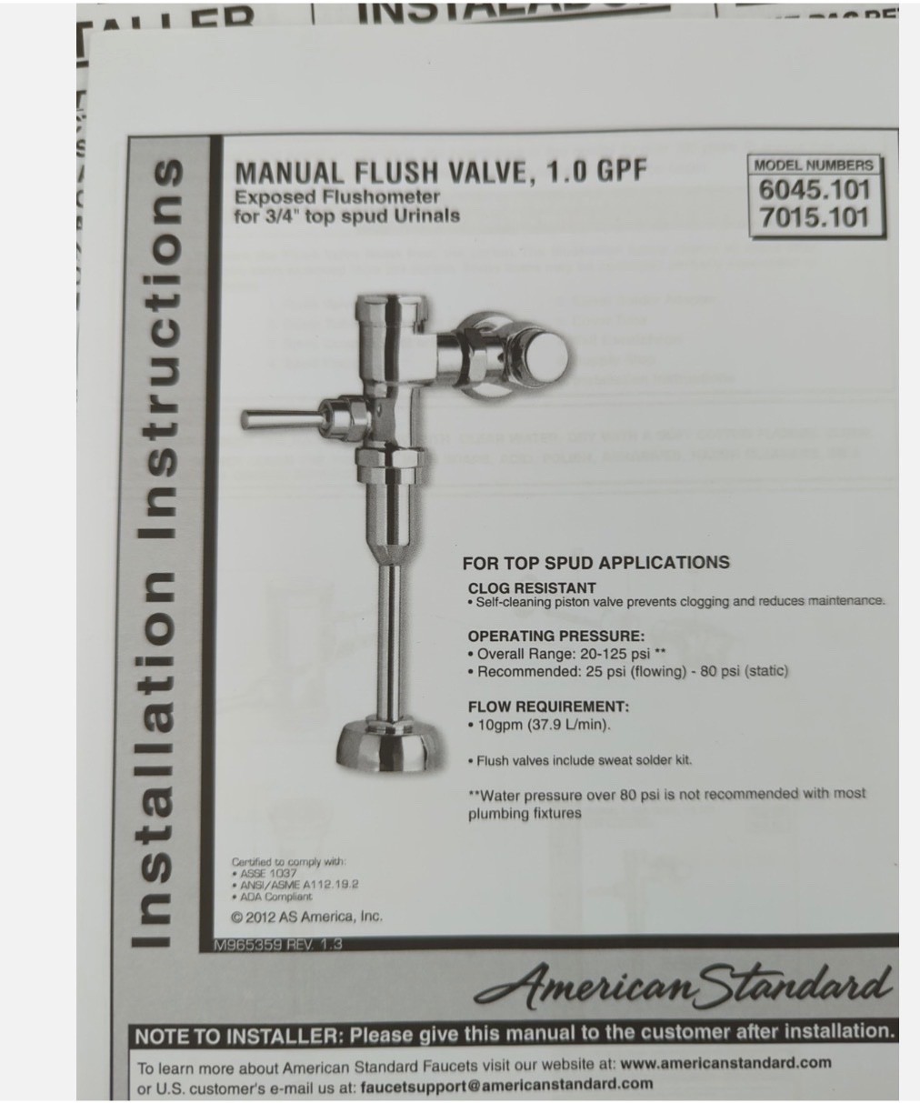 American Standard Durable Manual Urinal Flush Valve Chrome 6045.101.002