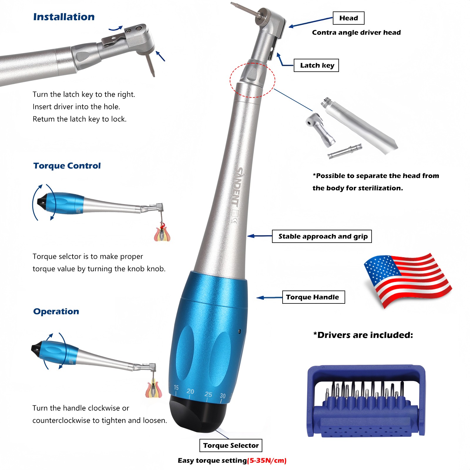 Dental Manual Implant Torque Wrench Handpiece with 16 Screw Drivers 2.35mm 2Head