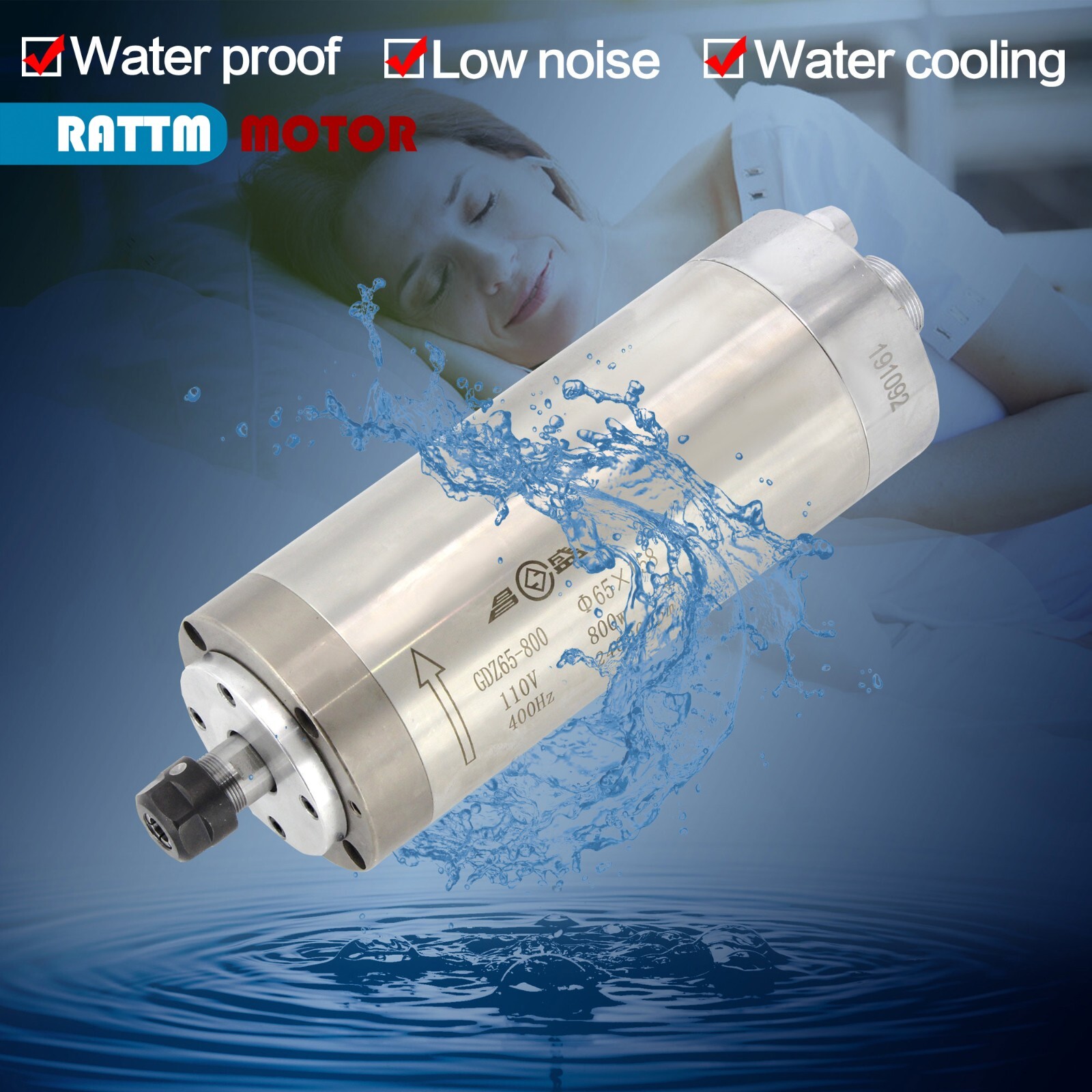 US SHIP】0.8KW 110V Water Cooled Spindle Motor+1.5KW VFD Drive+65mm Spindle Mount