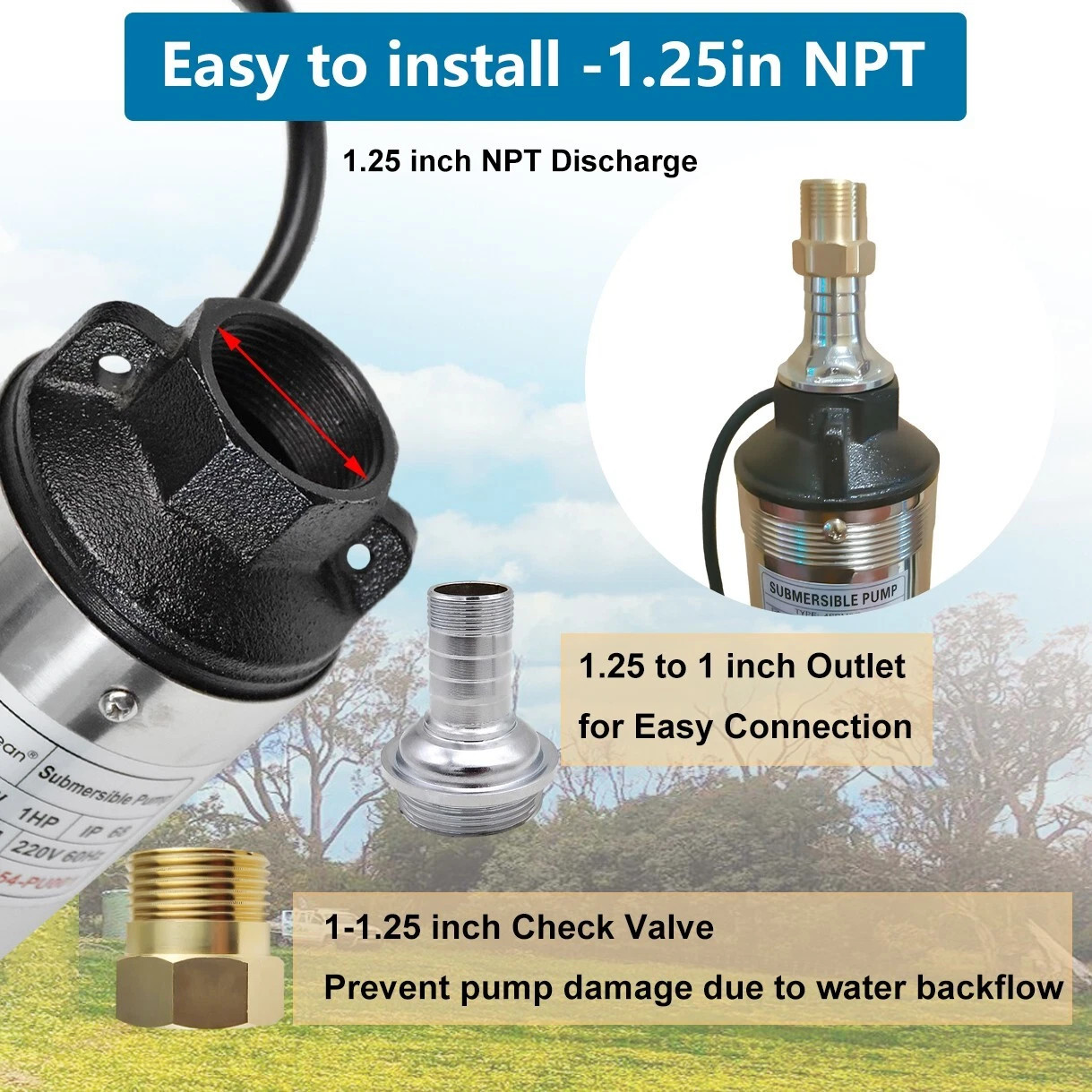 1HP Deep Well Submersible Pump 4» OD 110V 33GPM 300ft Stainless Steel 50′ Cord