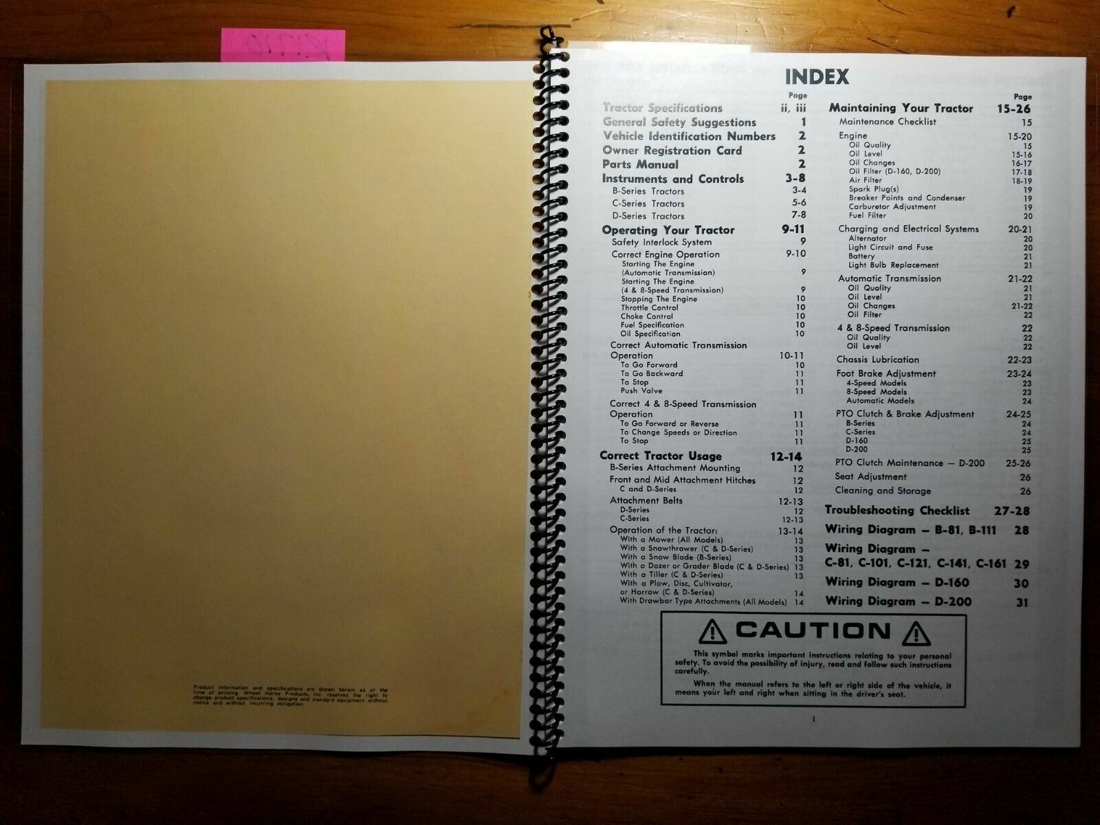 Wheel Horse B-81 B-111 C-81 C-101 C-121 C-141 C-161 D-160 D-200 Tractor Manual