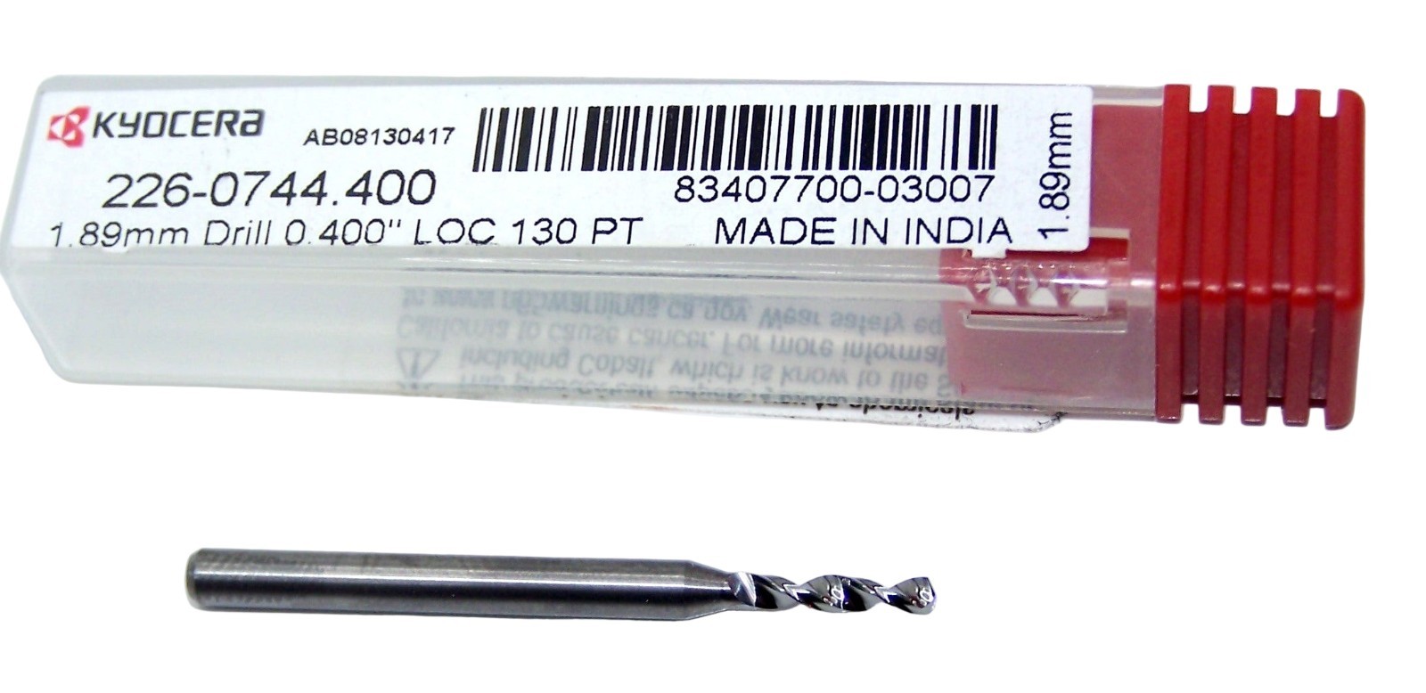 226-0744.400 Kyocera 1.89mm Carbide Drill 2 Flute 0.0744″ Diameter 0.400″ Flute
