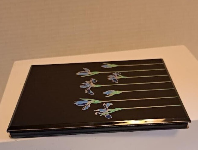 New OTAGIRI Brand Black Lacquer W/Blue Iris Address Book Pages Have Gold Edges