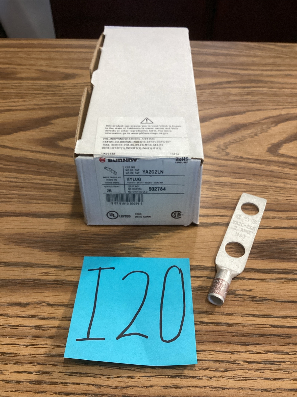 Box Of 25 Burndy YA2C2LN 2 AWG Stranded Copper 1/2″ 2-Hole Compression Cable Lug