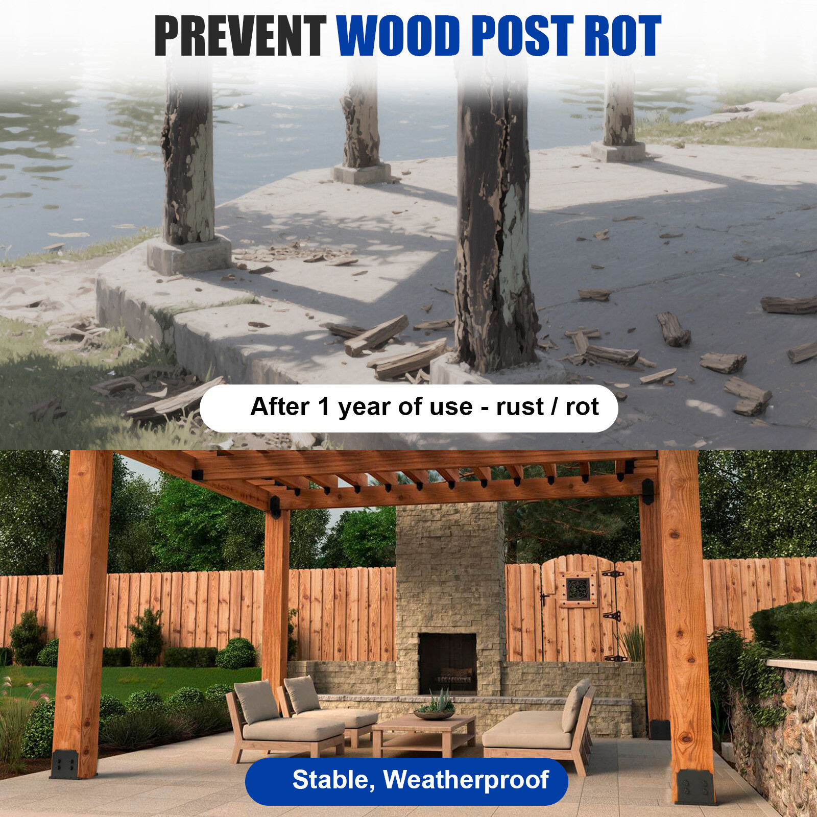 New 2-Pack 10×10 Post Base for Concrete with 1-Inch Standoff Pergola Bracket Kit