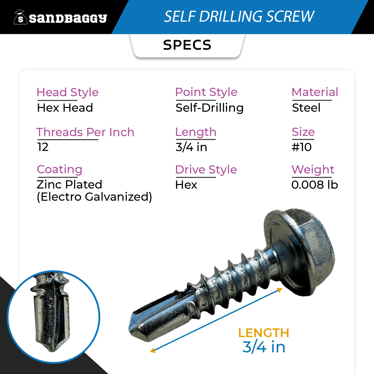 #10 x 3/4″ Self Drilling Screws | Hex Head Sheet Metal Screw | Zinc – Sandbaggy